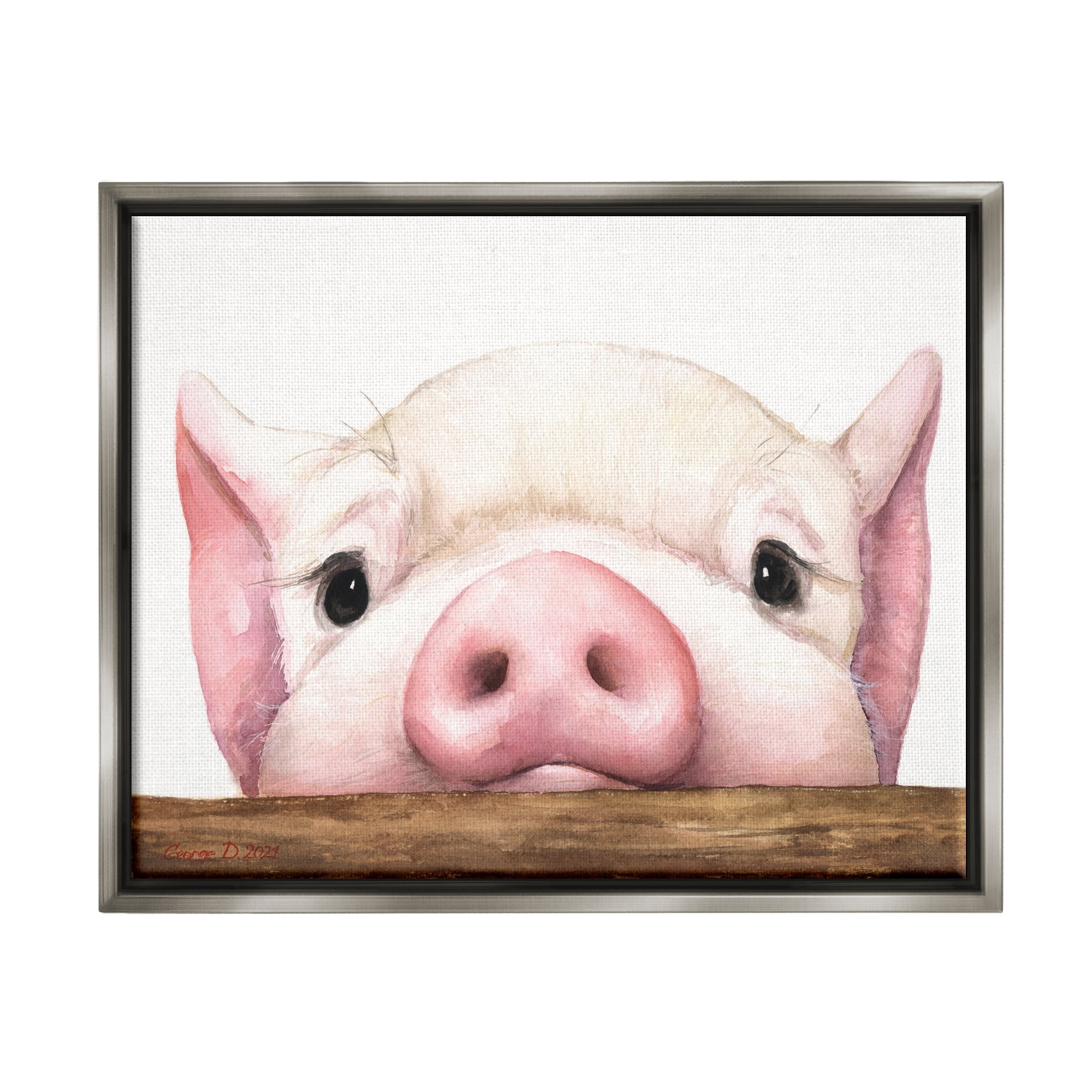 Stupell Industries Sweet Pink Pig Resting Snout Farm Animal Illustration Painting Luster Gray Floating Framed Canvas Print Wall Art, Design by George Dyachenko