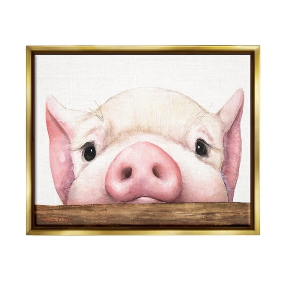 Stupell Industries Sweet Pink Pig Resting Snout Farm Animal Illustration Painting Metallic Gold Floating Framed Canvas Print Wall Art, Design by George Dyachenko