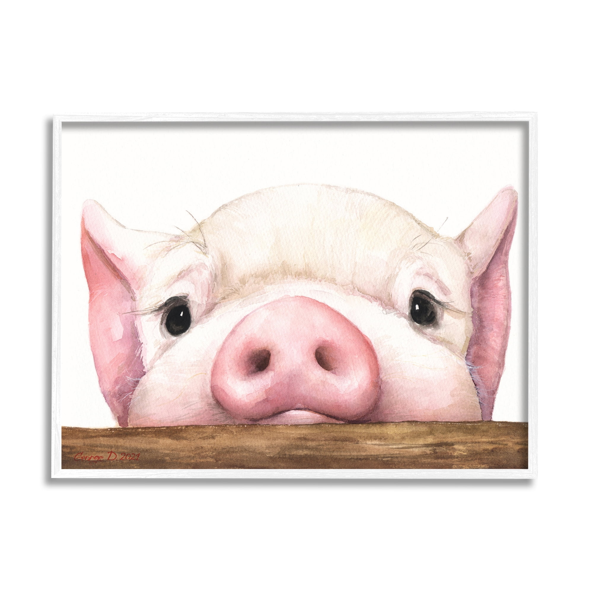 Stupell Industries Sweet Pink Pig Resting Snout Farm Animal Illustration Painting White Framed Art Print Wall Art, Design by George Dyachenko