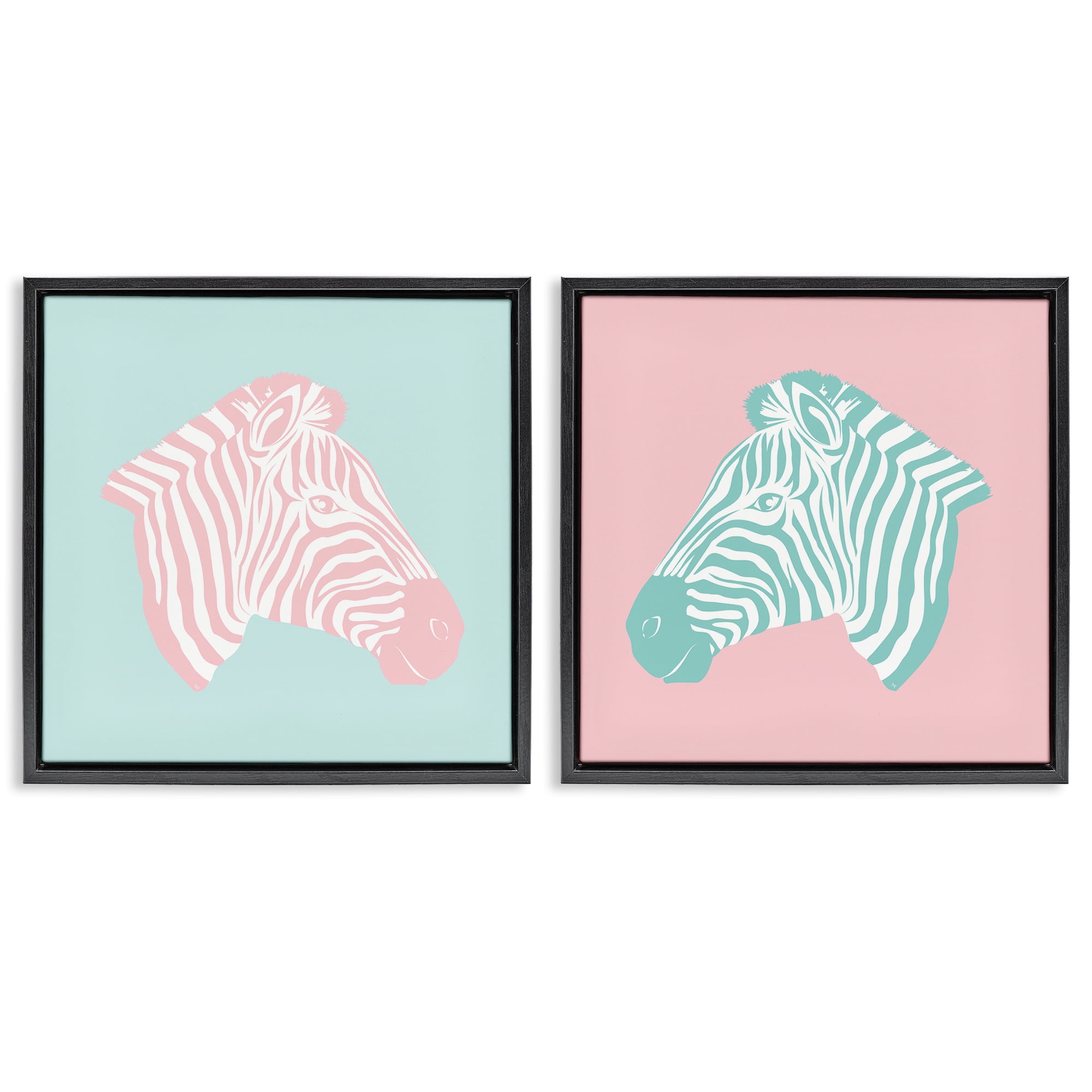 Stupell Industries Sweet Pink and Teal Zebras Animals Painting Black Floater Framed Canvas Art Print Wall Art, 18 x 18, Set of 2
