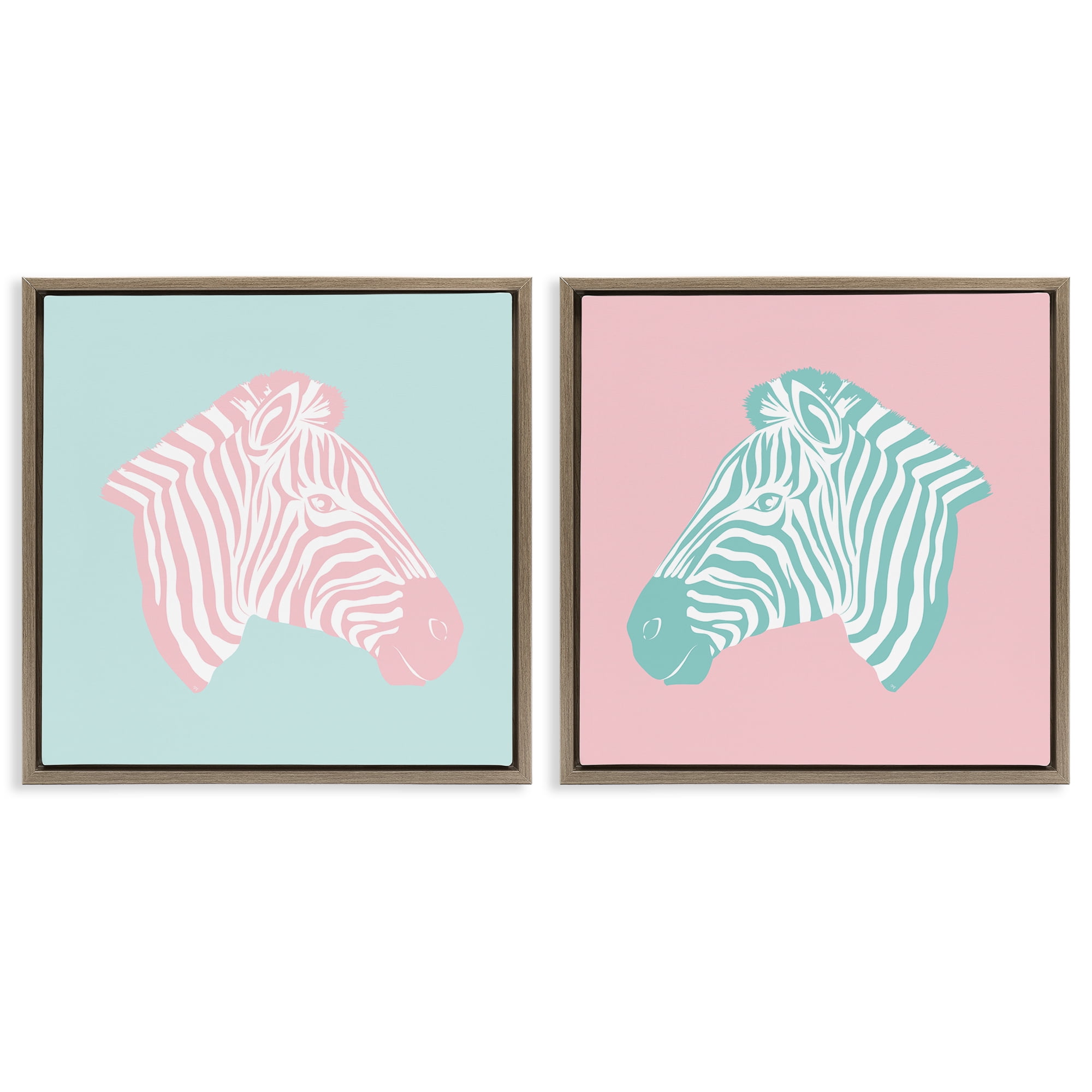 Stupell Industries Sweet Pink and Teal Zebras Animals Painting Brown Floater Framed Canvas Art Print Wall Art, 18 x 18, Set of 2
