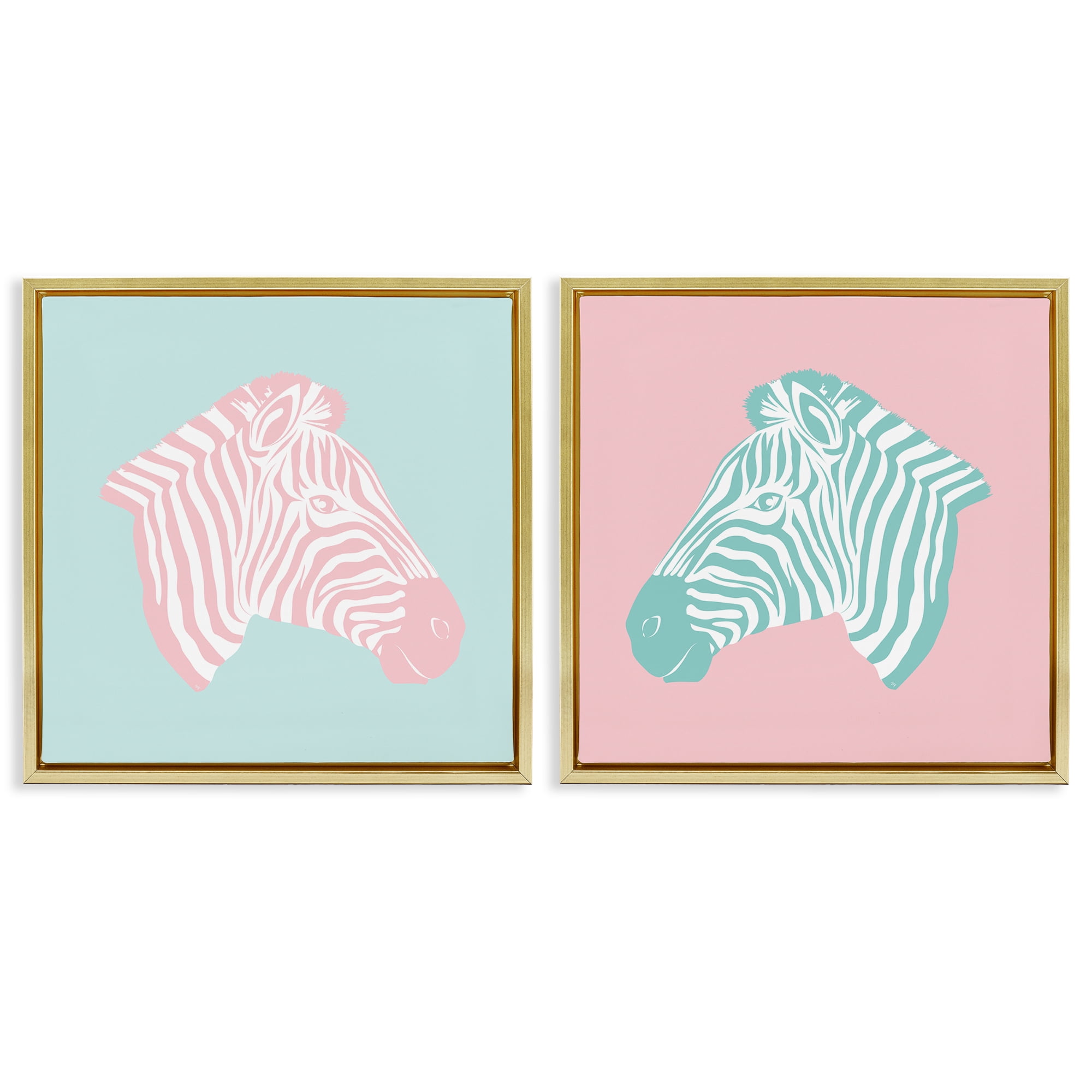 Stupell Industries Sweet Pink and Teal Zebras Animals Painting Gold Floater Framed Canvas Art Print Wall Art, 18 x 18, Set of 2