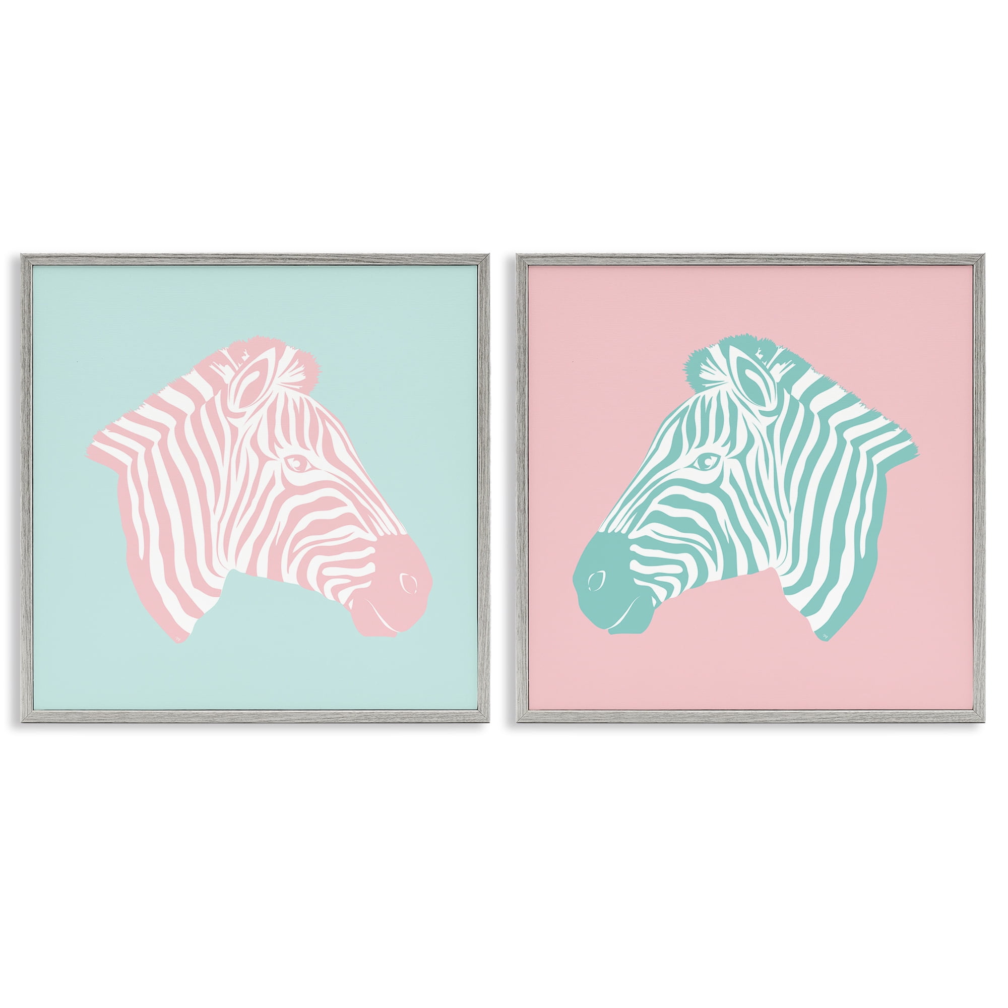 Stupell Industries Sweet Pink and Teal Zebras Animals Painting Gray Framed Art Print Wall Art, 17 x 17, Set of 2