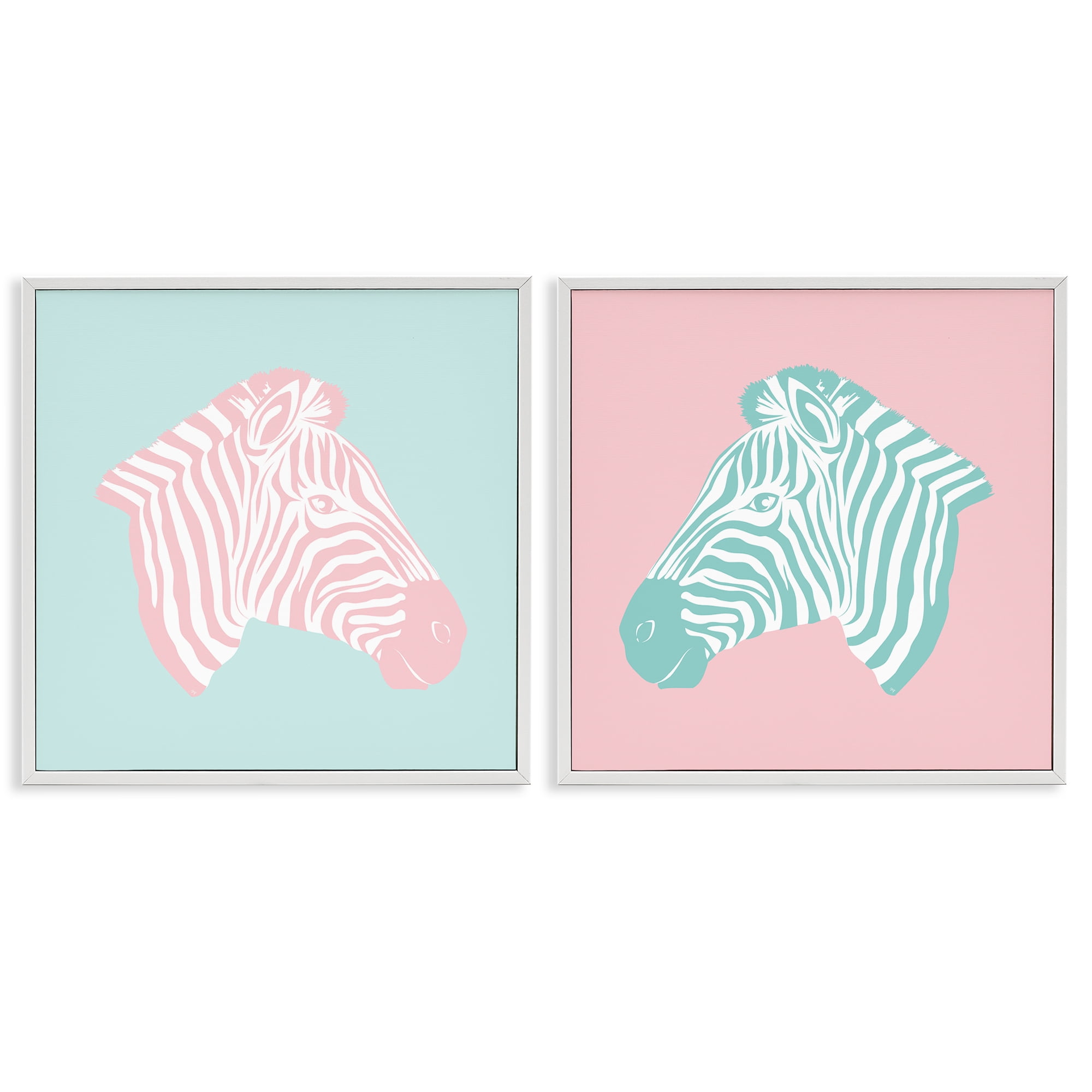 Stupell Industries Sweet Pink and Teal Zebras Animals Painting White Framed Art Print Wall Art, 12 x 12, Set of 2