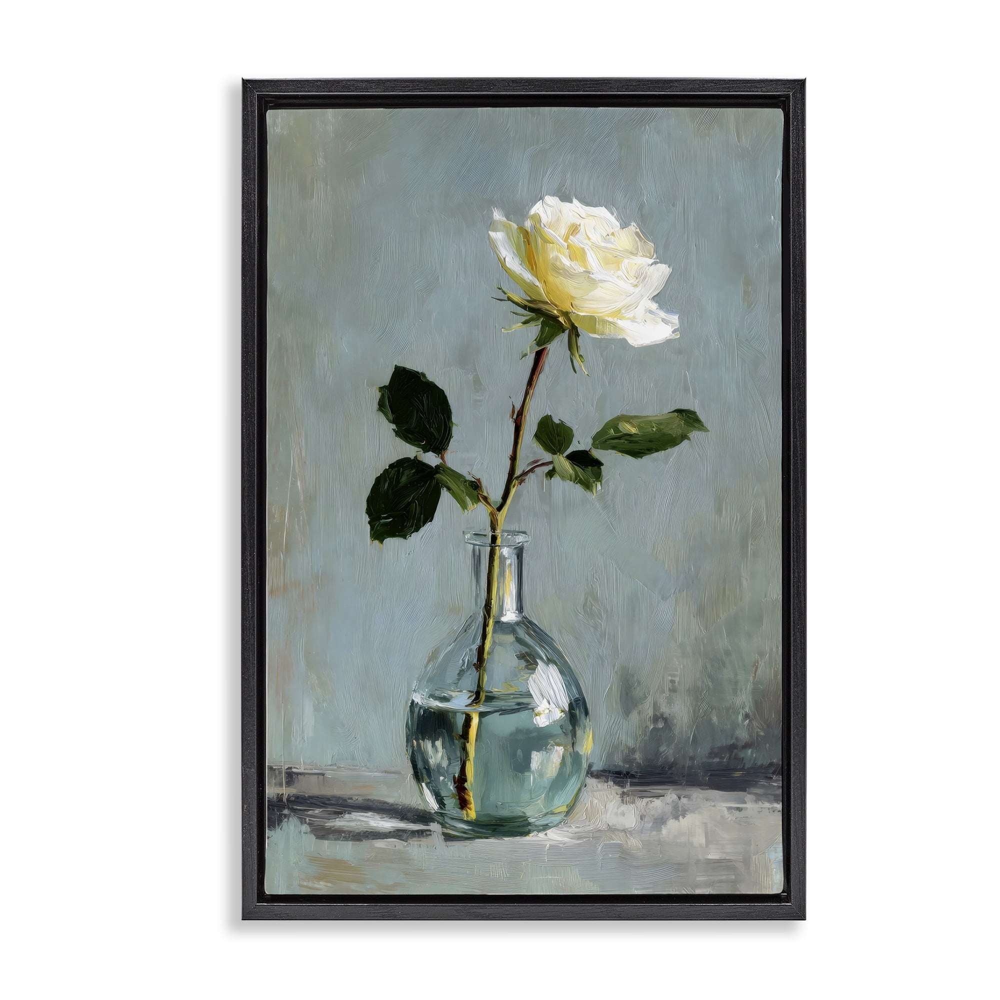 Stupell Industries Sweet White Rose in Vase Black Framed Floater Canvas Wall Art, design by Petal Prints Design