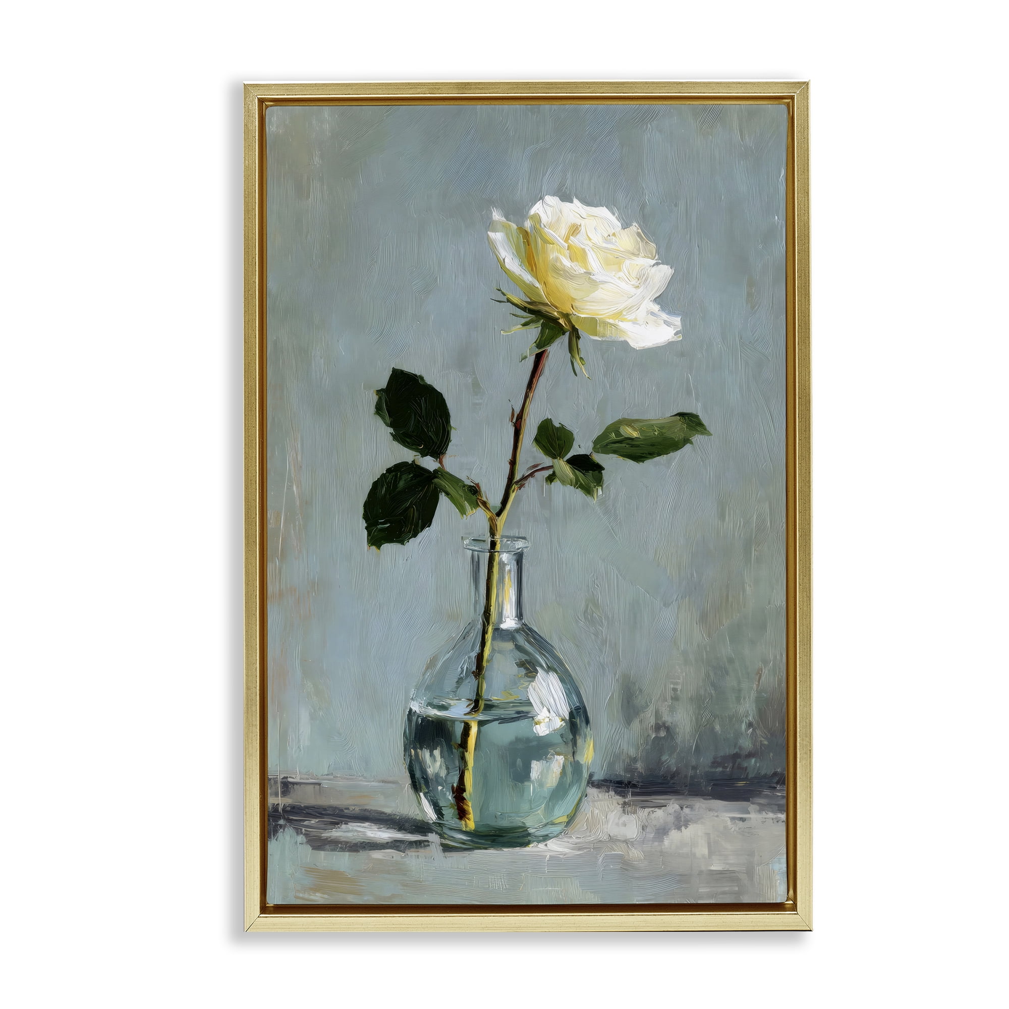 Stupell Industries Sweet White Rose in Vase Gold Framed Floater Canvas Wall Art, design by Petal Prints Design