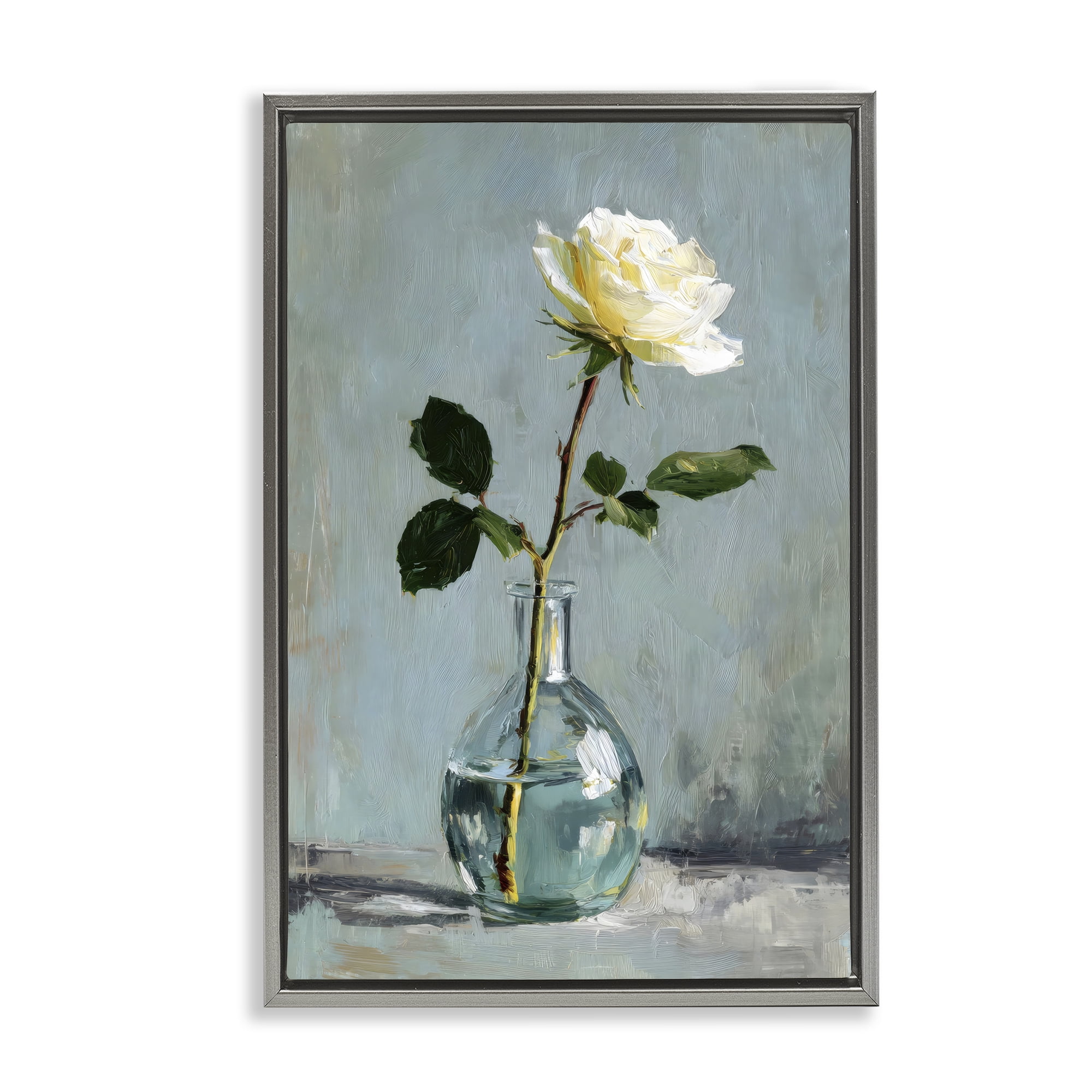 Stupell Industries Sweet White Rose in Vase Gray Framed Floater Canvas Wall Art, design by Petal Prints Design
