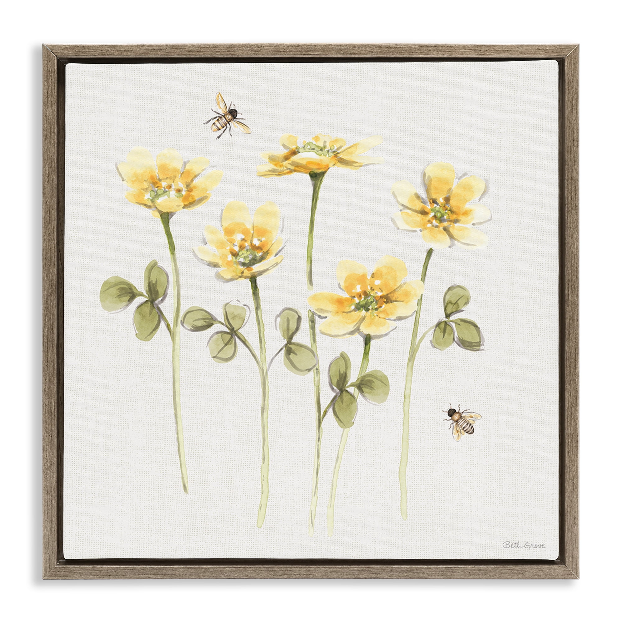 Stupell Industries Sweet Yellow Honey Flowers Brown Framed Floater Canvas Wall Art, design by Beth Grove
