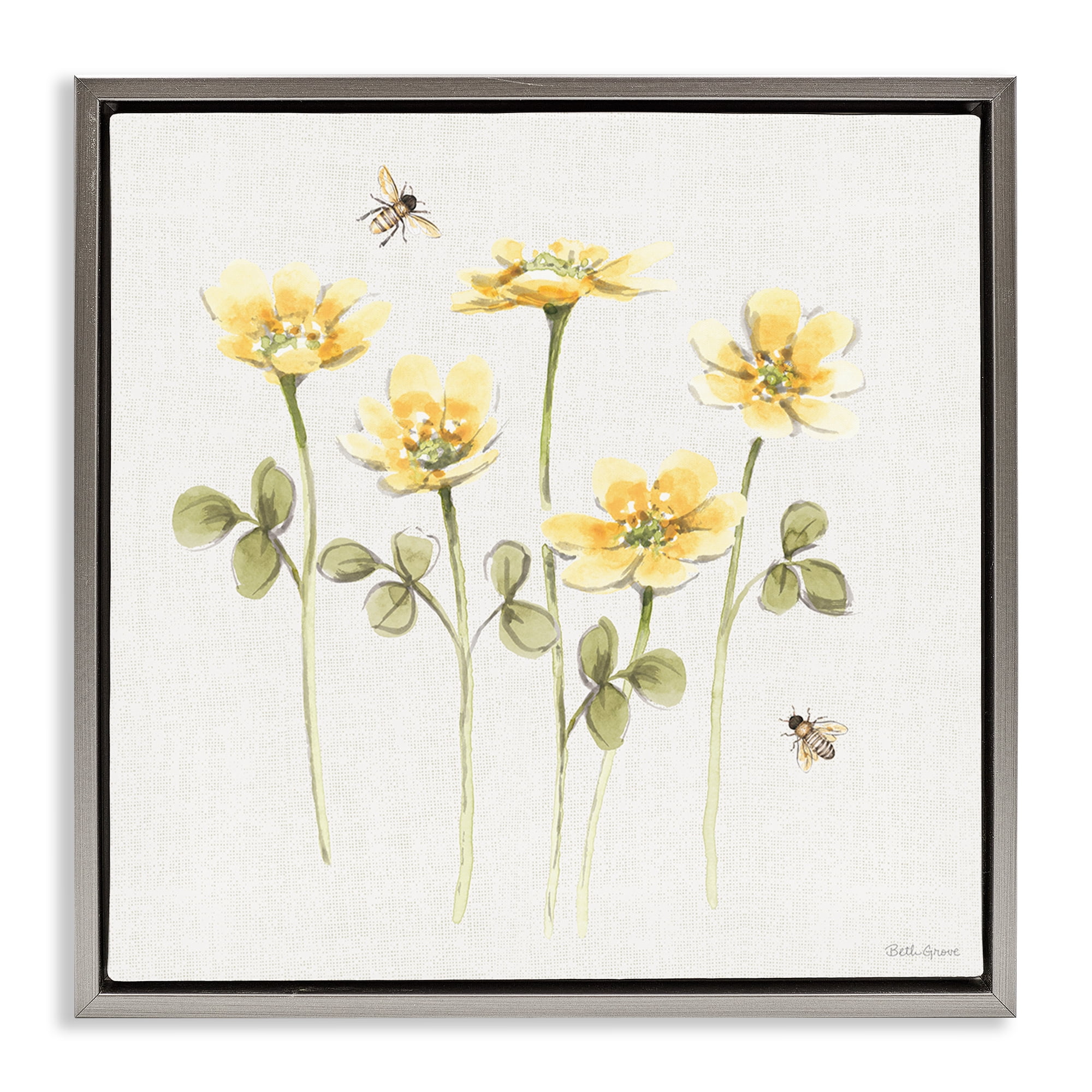 Stupell Industries Sweet Yellow Honey Flowers Gray Framed Floater Canvas Wall Art, design by Beth Grove