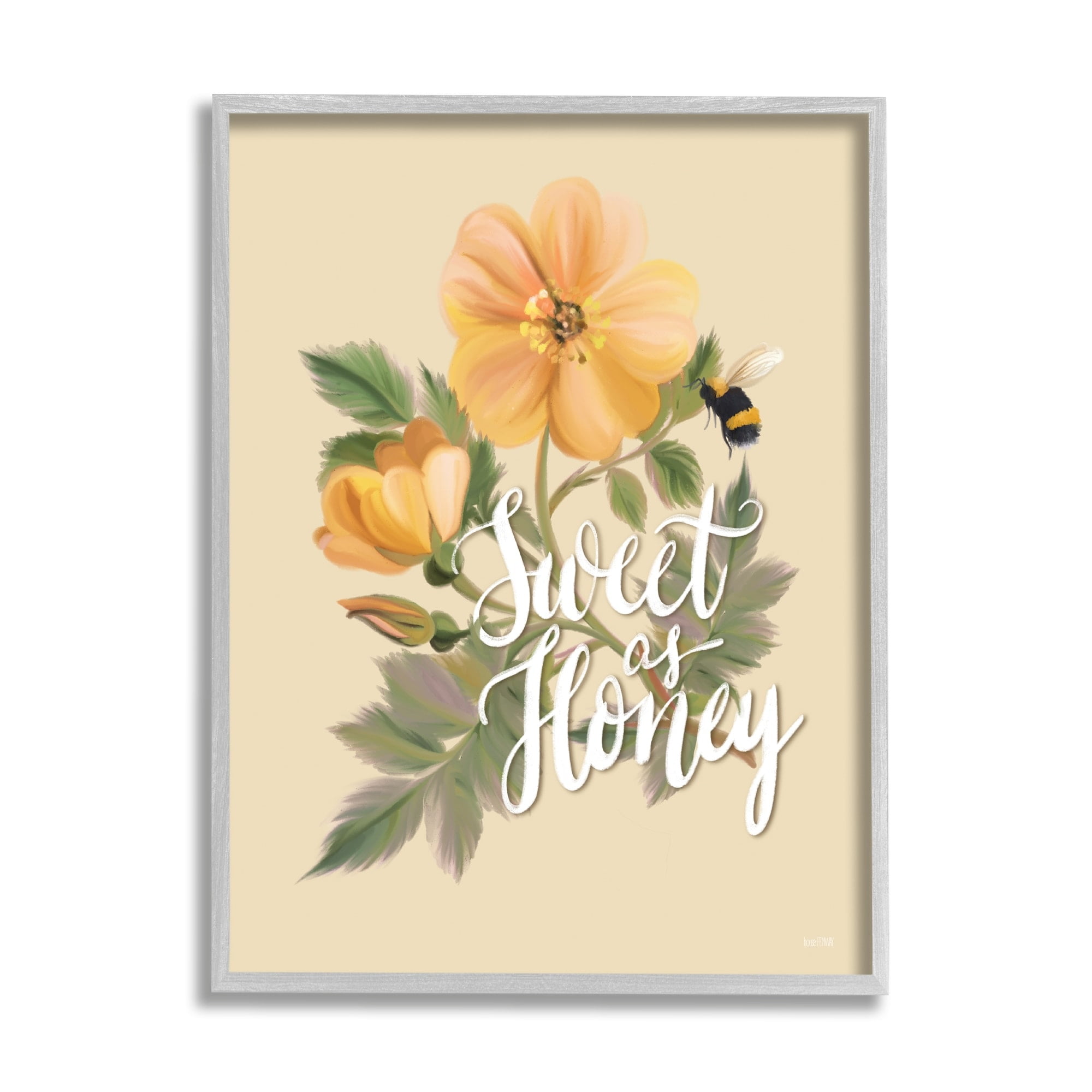Stupell Industries Sweet as Honey Bumble Bee Yellow Poppy Flower Graphic Art Gray Framed Art Print Wall Art, 16x20, by House Fenway