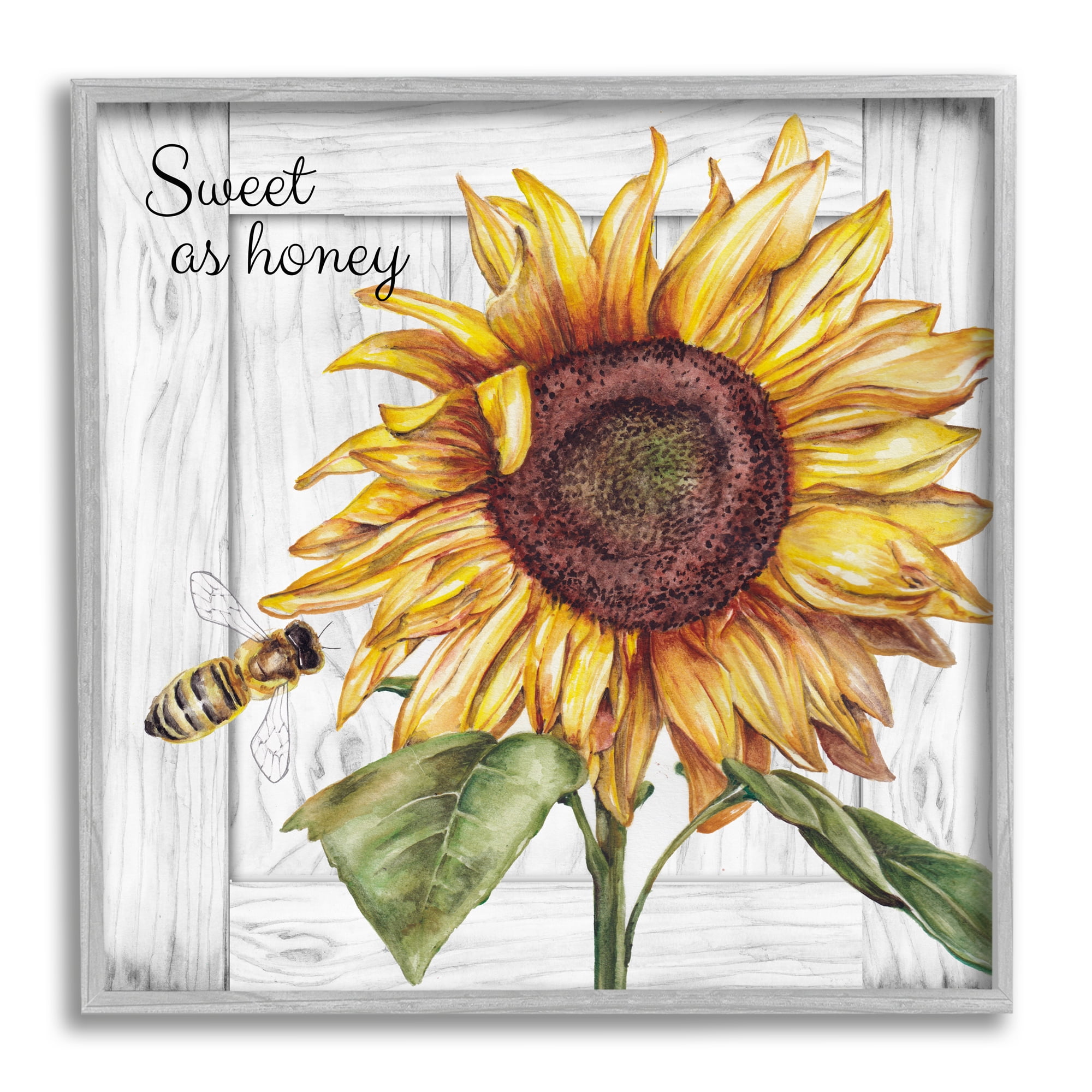 Stupell Industries Sweet as Honey Sunflower Botanical & Floral Painting Gray Framed Art Print Wall Art, 24 x 24