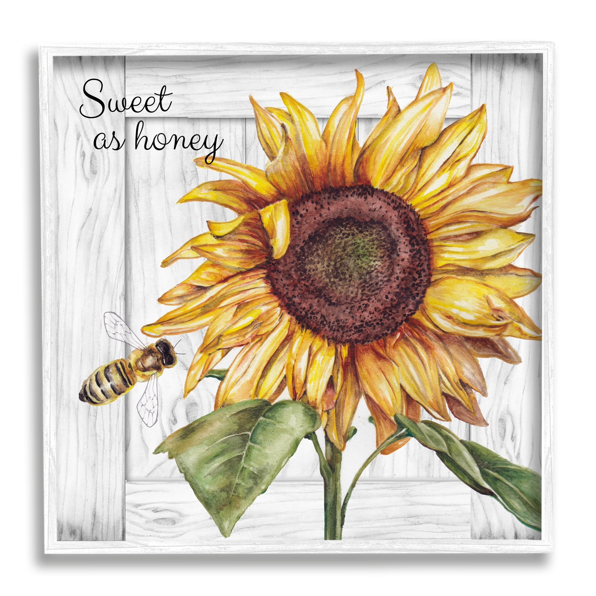 Stupell Industries Sweet as Honey Sunflower Botanical & Floral Painting White Framed Art Print Wall Art, 12 x 12