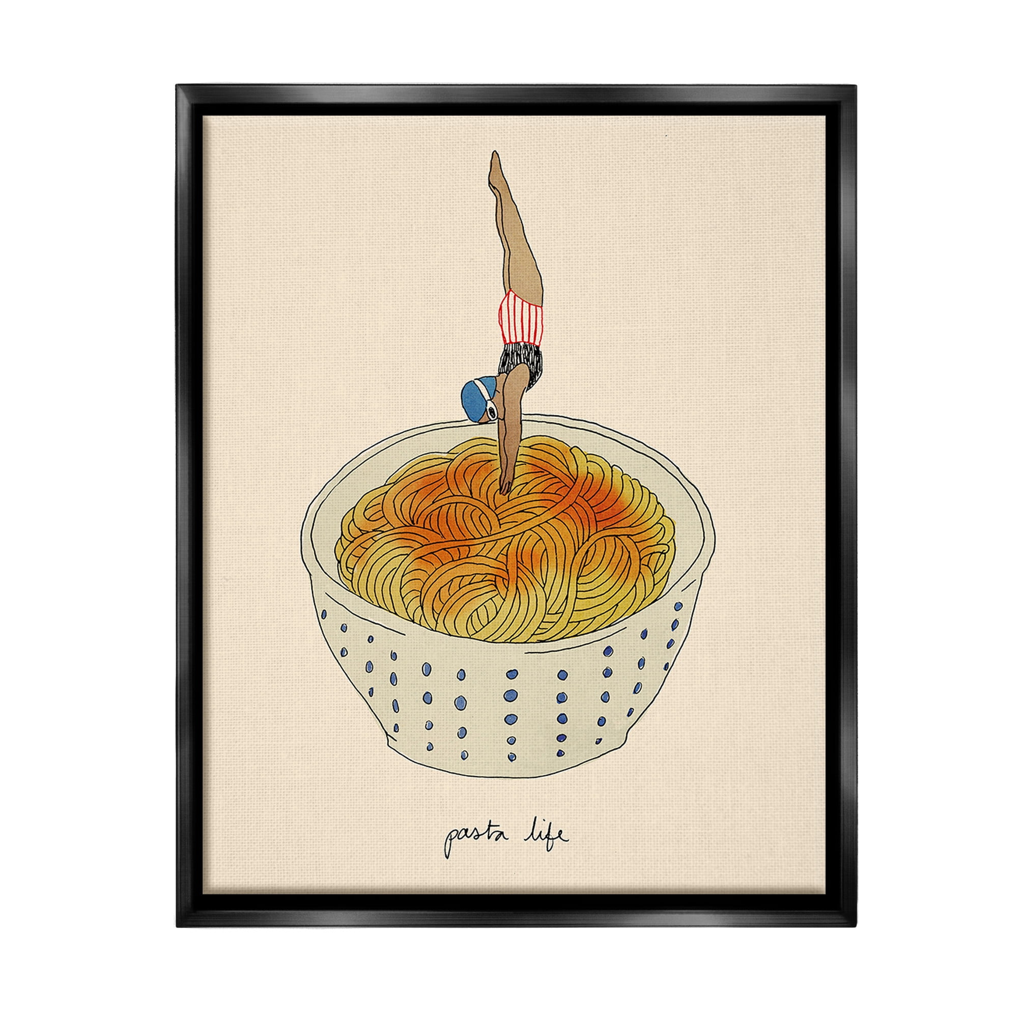 Stupell Industries Swimmer with Pasta Bowl Food & Beverage Painting Black Floater Framed Canvas Art Print Wall Art, 17 x 21