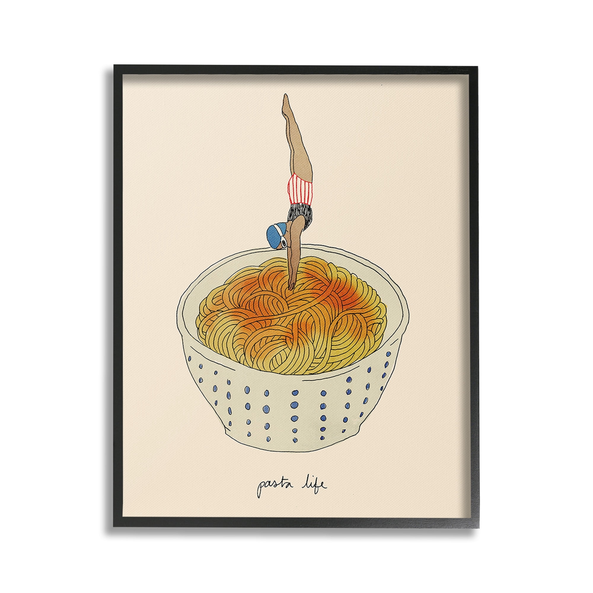 Stupell Industries Swimmer with Pasta Bowl Food & Beverage Painting Black Framed Art Print Wall Art, 16 x 20