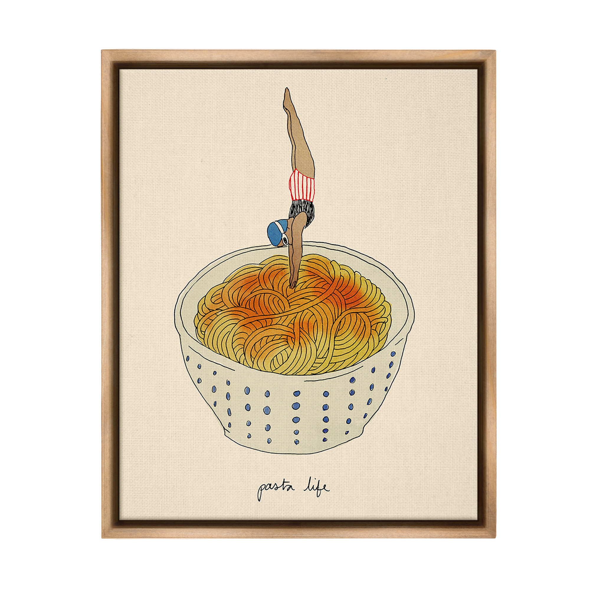 Stupell Industries Swimmer with Pasta Bowl Food & Beverage Painting Brown Floater Framed Canvas Art Print Wall Art, 25 x 31