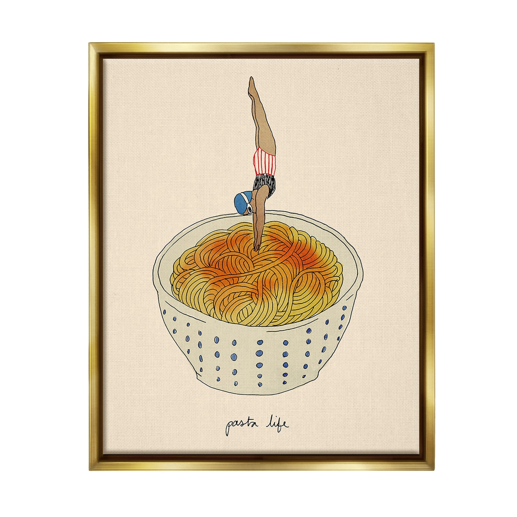 Stupell Industries Swimmer with Pasta Bowl Food & Beverage Painting Gold Floater Framed Canvas Art Print Wall Art, 17 x 21