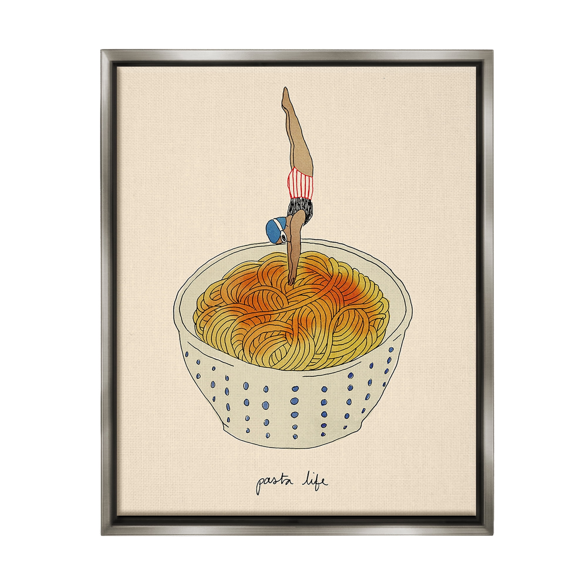 Stupell Industries Swimmer with Pasta Bowl Food & Beverage Painting Gray Floater Framed Canvas Art Print Wall Art, 17 x 21