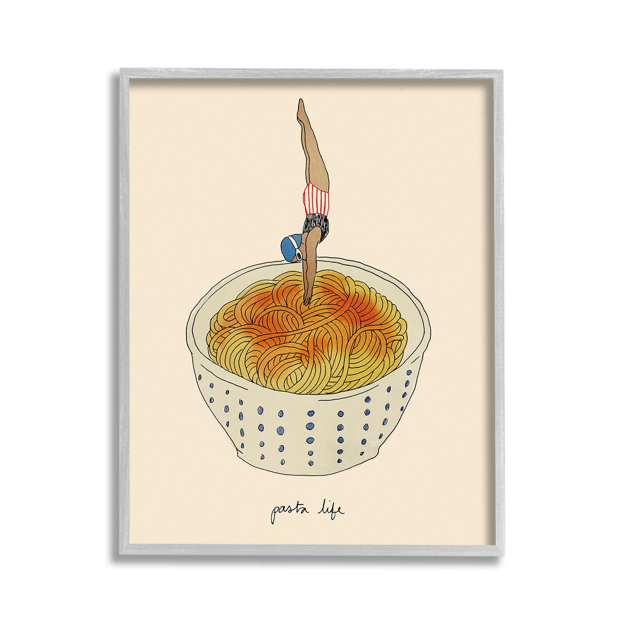 Stupell Industries Swimmer with Pasta Bowl Food & Beverage Painting Gray Framed Art Print Wall Art, 11 x 14