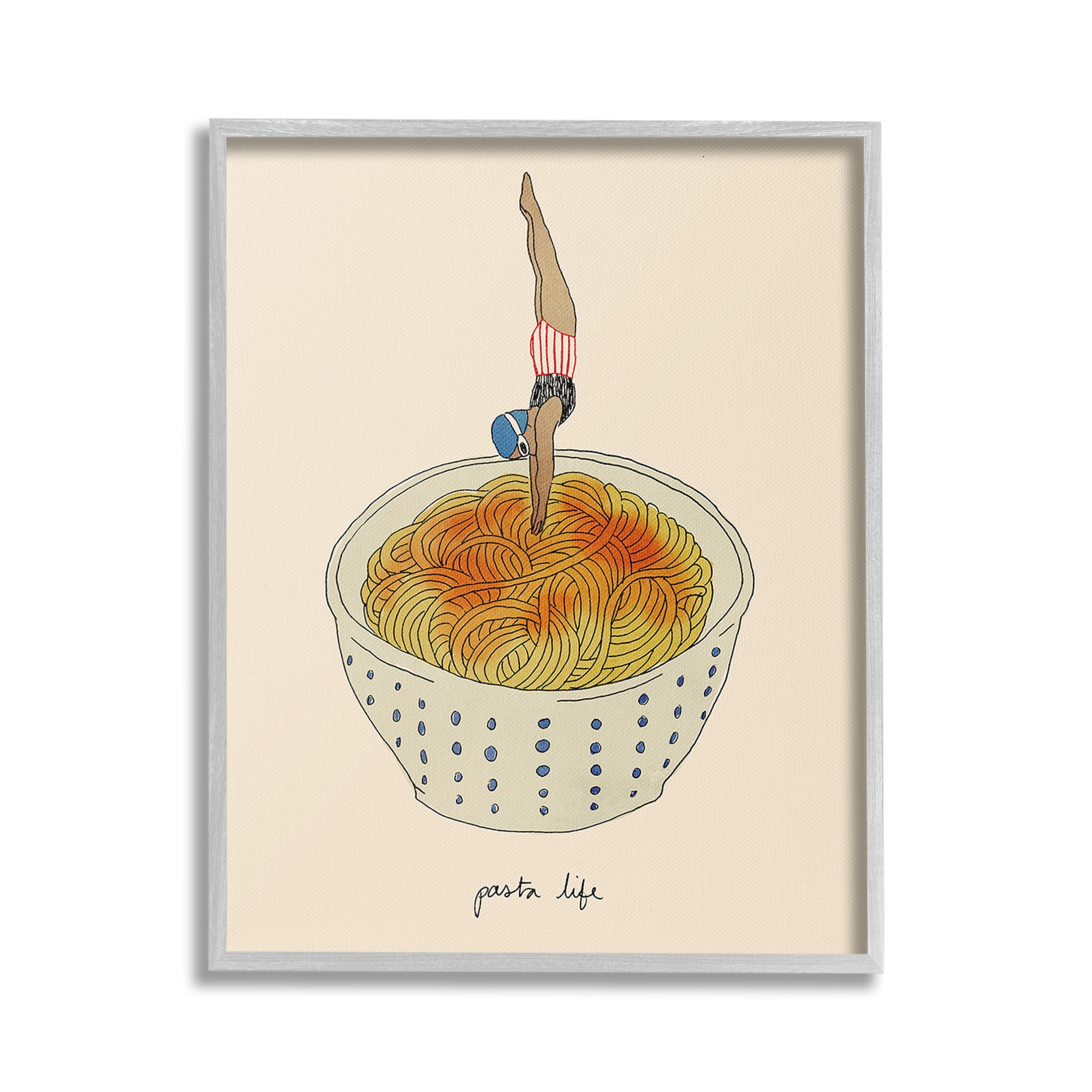 Stupell Industries Swimmer with Pasta Bowl Food & Beverage Painting Gray Framed Art Print Wall Art, 16 x 20