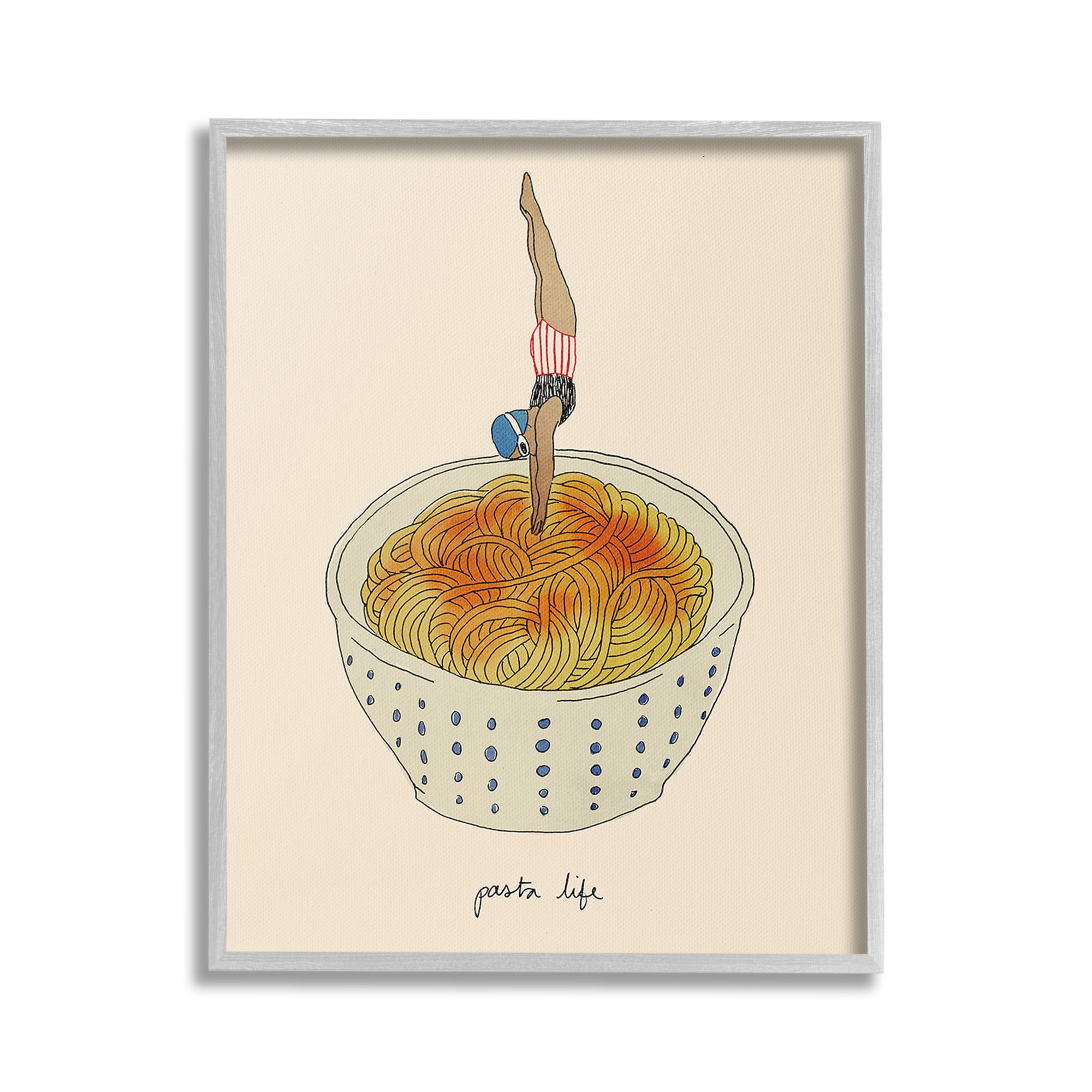 Stupell Industries Swimmer with Pasta Bowl Food & Beverage Painting Gray Framed Art Print Wall Art, 24 x 30