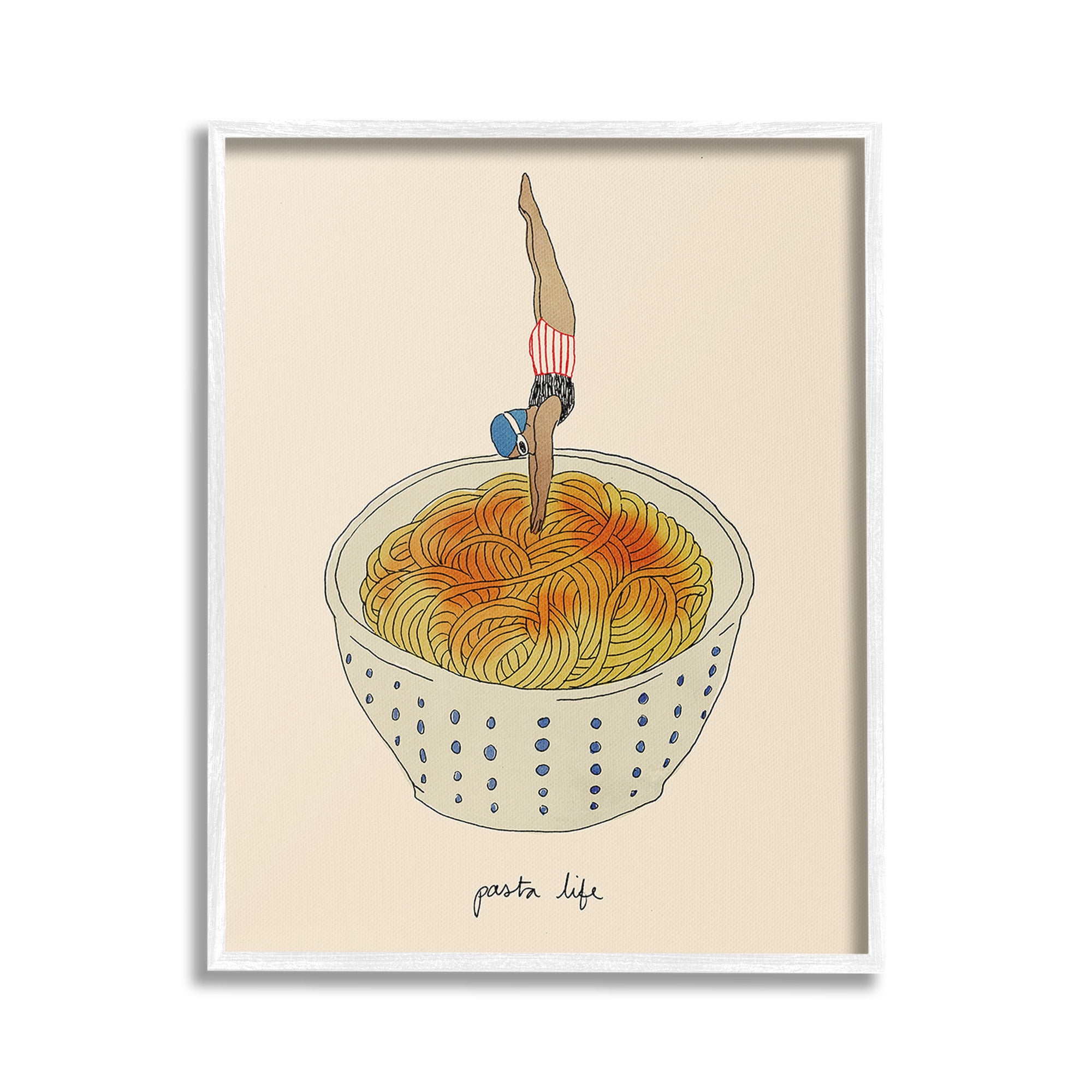 Stupell Industries Swimmer with Pasta Bowl Food & Beverage Painting White Framed Art Print Wall Art, 16 x 20