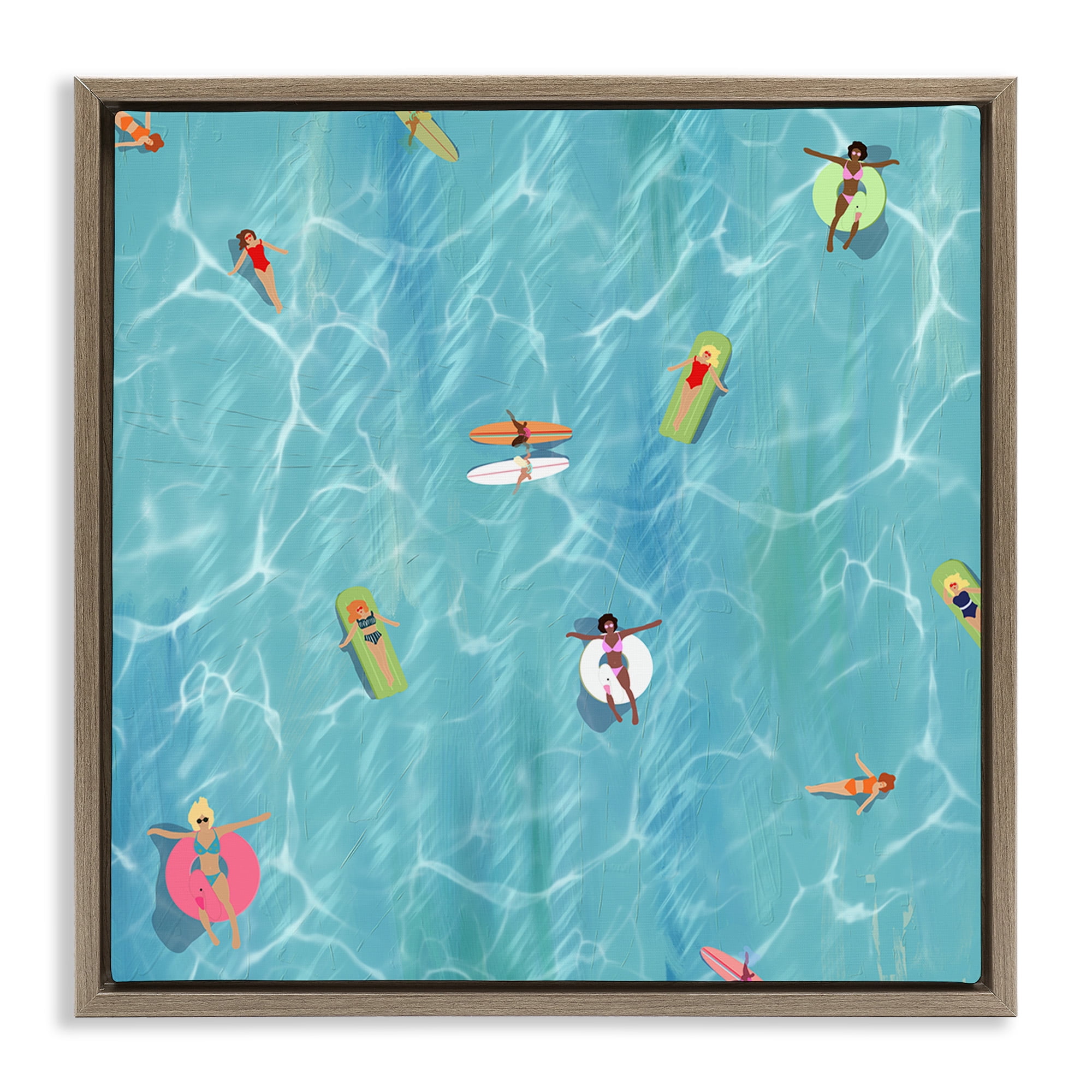 Stupell Industries Swimming Aerial Summer View Nature Painting Brown Floater Framed Canvas Art Print Wall Art, 25 x 25
