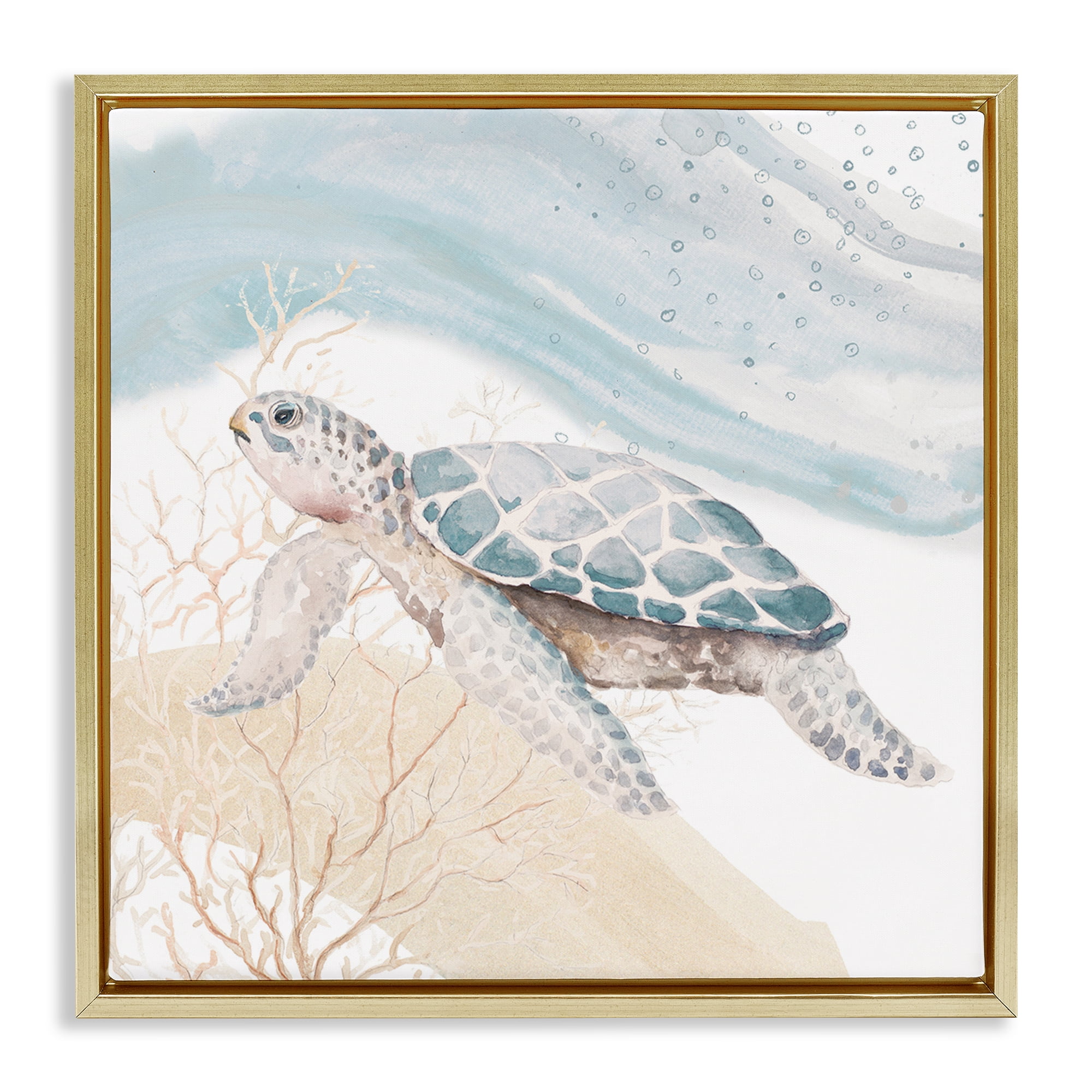 Stupell Industries Swimming Aquatic Turtle Animals & Insects Painting Gold Floater Framed Canvas Art Print Wall Art, 25 x 25