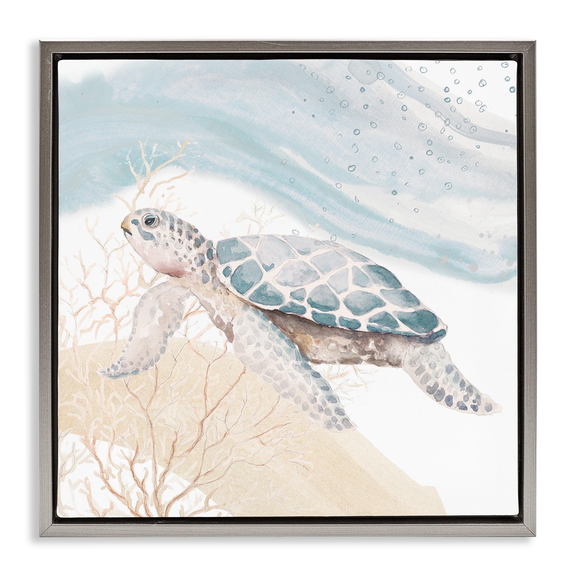 Gray Framed Canvas Art Print with Swimming Turtle, 18 x 18