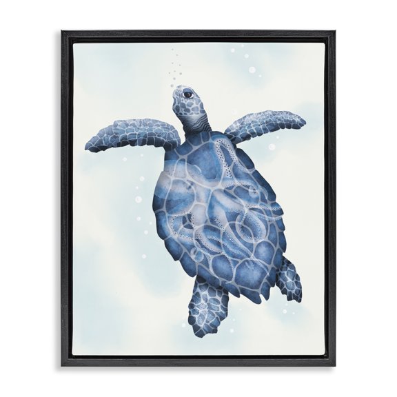 Stupell Industries Coastal Swimming Blue Sea Turtle Patterned Tentacles Shell Black Floating Frame Canvas Art, 17 x 21, by Darlene Seale