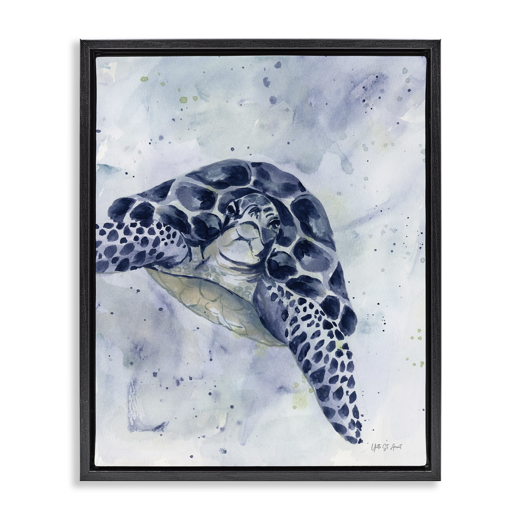 Stupell Industries Swimming Blue Turtle Animals & Insects Painting Black Floater Framed Canvas Art Print Wall Art, 17 x 21