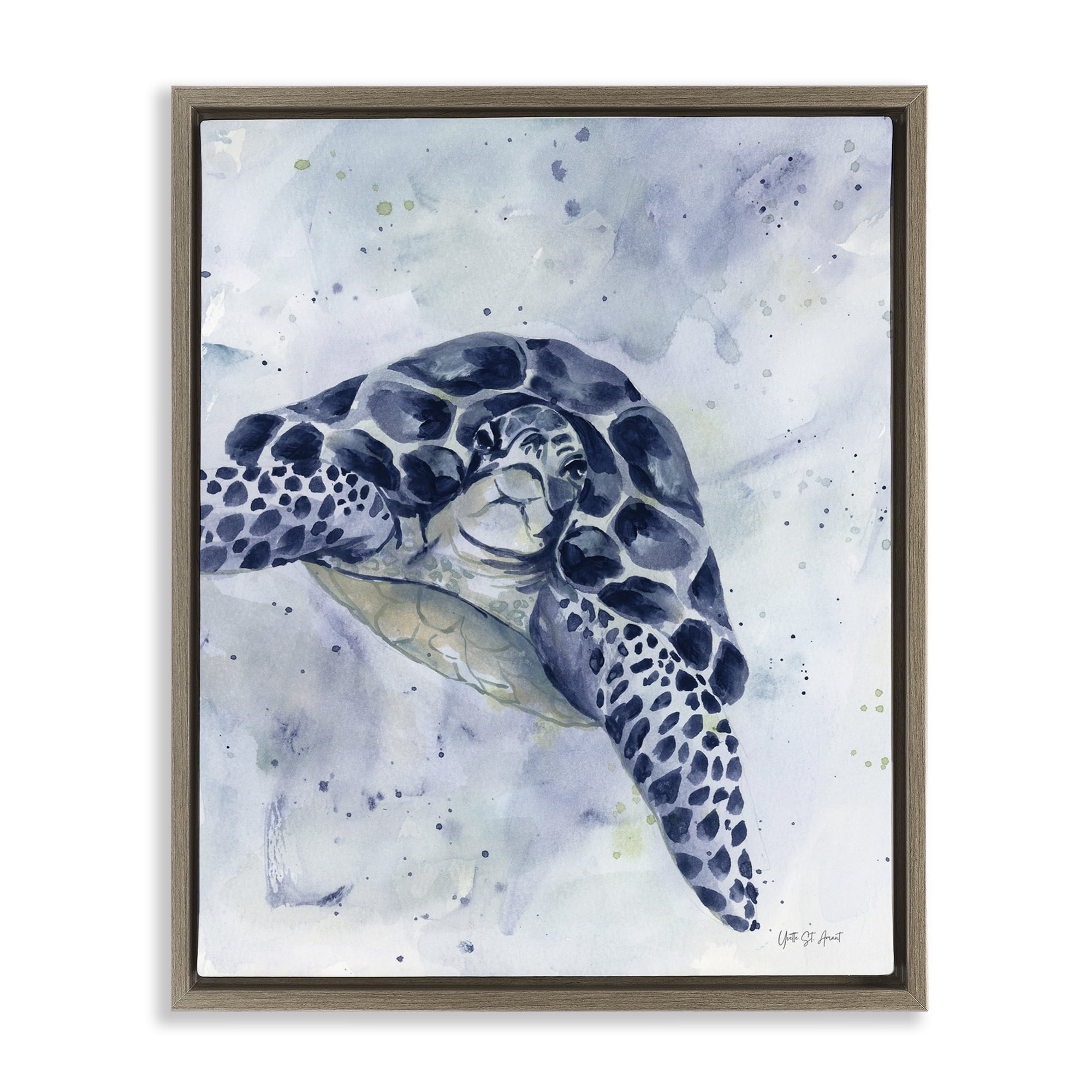 Stupell Industries Swimming Blue Turtle Animals & Insects Painting Brown Floater Framed Canvas Art Print Wall Art, 25 x 31