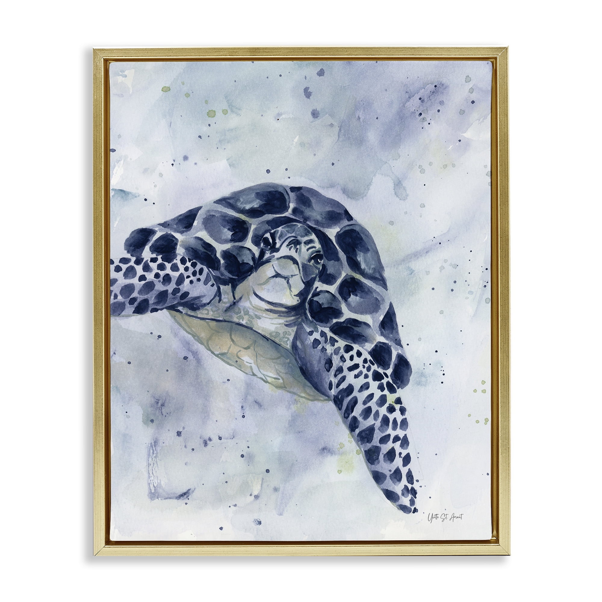 Stupell Industries Swimming Blue Turtle Animals & Insects Painting Gold Floater Framed Canvas Art Print Wall Art, 17 x 21