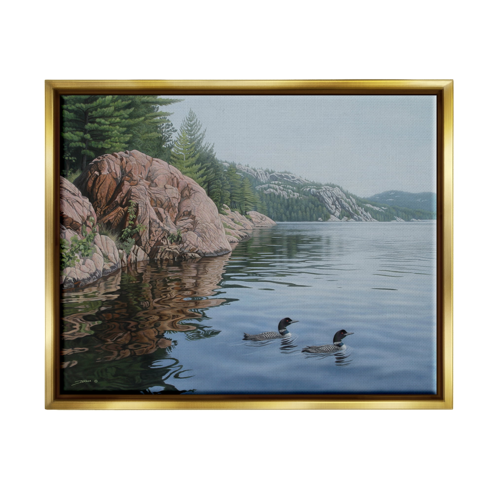 Stupell Industries Swimming Ducks Landscape Nature Photography Gold Floater Framed Art Print Wall Art, 21 x 17