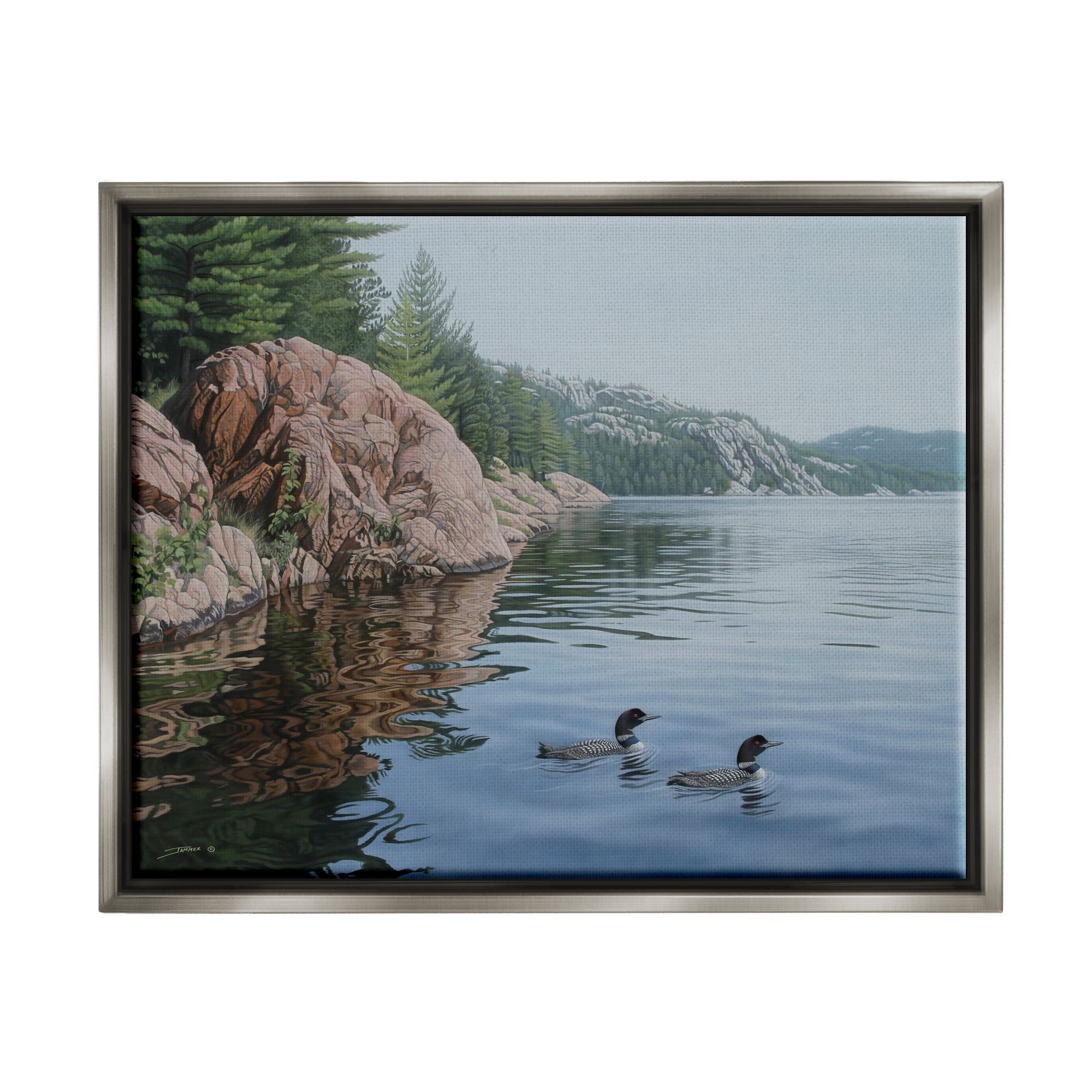 Stupell Industries Swimming Ducks Landscape Nature Photography Gray Floater Framed Art Print Wall Art, 21 x 17