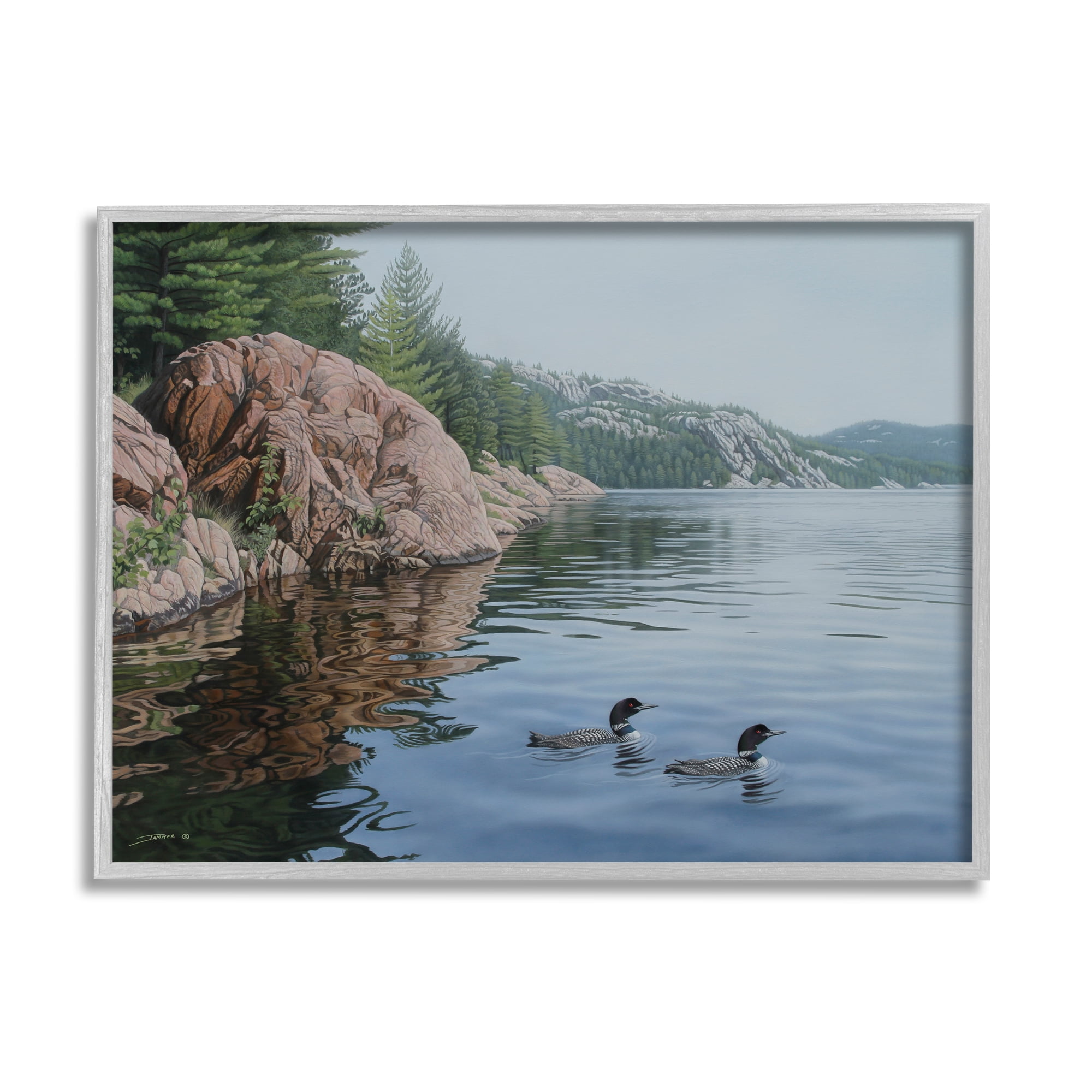 Stupell Industries Swimming Ducks Landscape Nature Photography Gray Framed Art Print Wall Art, 30 x 24