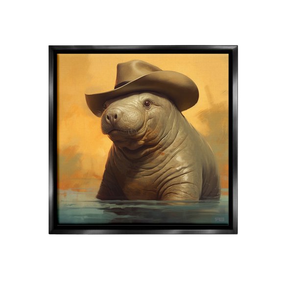 Stupell Industries Swimming Manatee with Hat Animals & Insects Painting Black Floater Framed Canvas Art Print Wall Art, 25 x 25