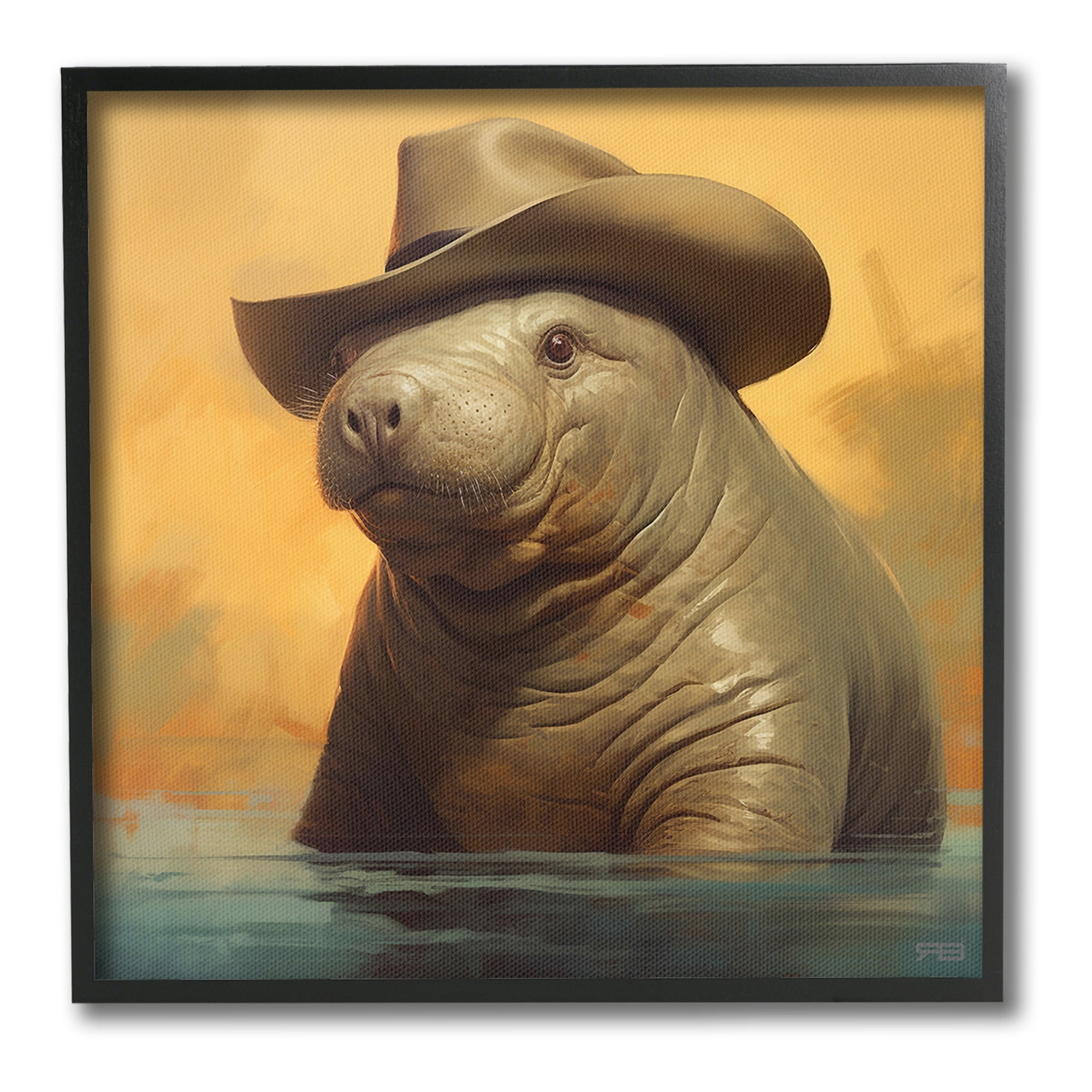 Stupell Industries Swimming Manatee with Hat Animals & Insects Painting Black Framed Art Print Wall Art, 12 x 12