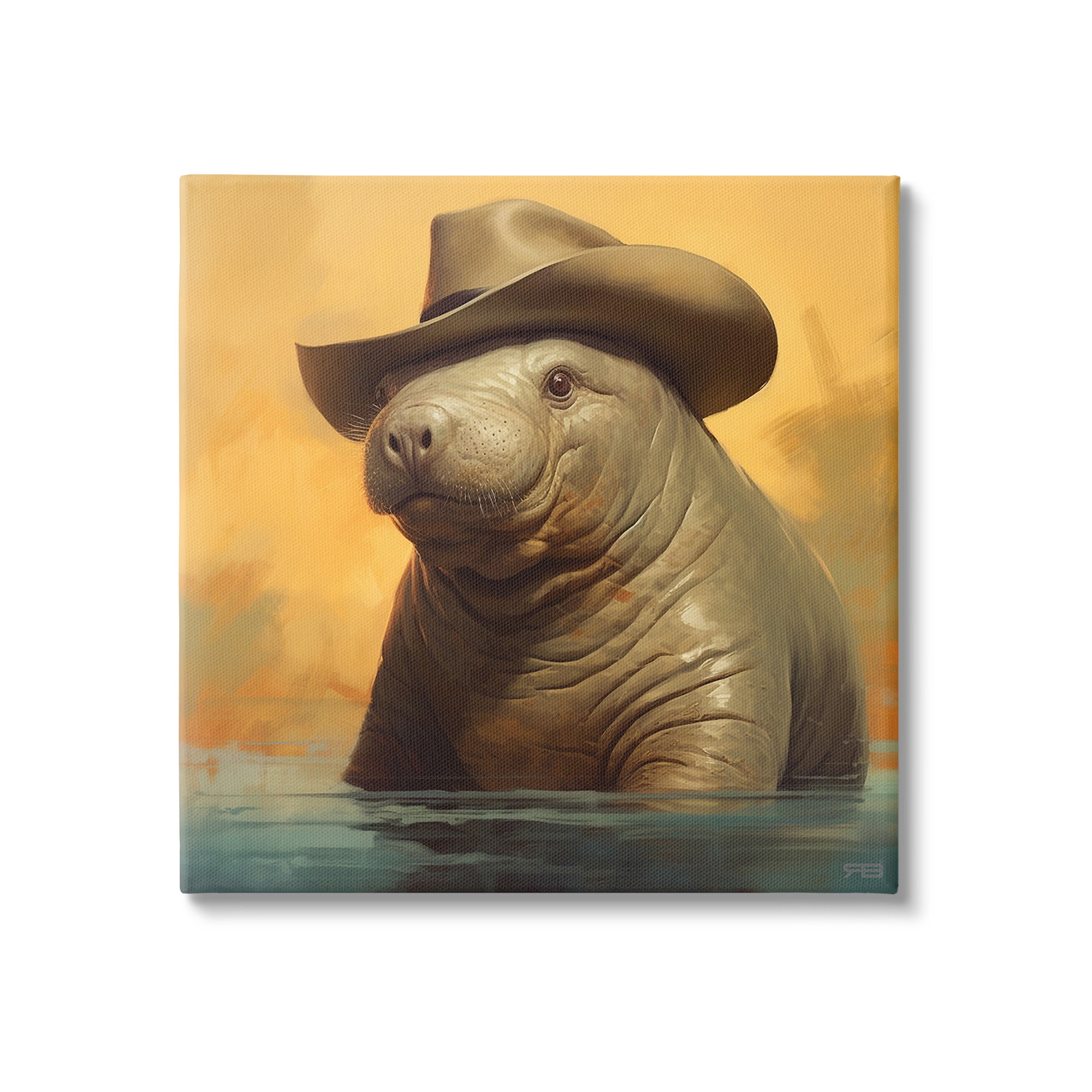 Stupell Industries Swimming Manatee with Hat Animals & Insects Painting Gallery Wrapped Canvas Art Print Wall Art, 36 x 36