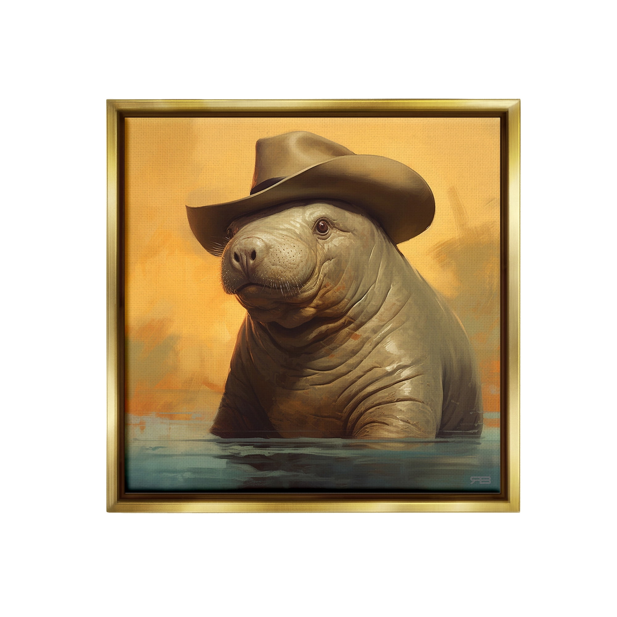 Stupell Industries Swimming Manatee with Hat Animals & Insects Painting Gold Floater Framed Canvas Art Print Wall Art, 18 x 18