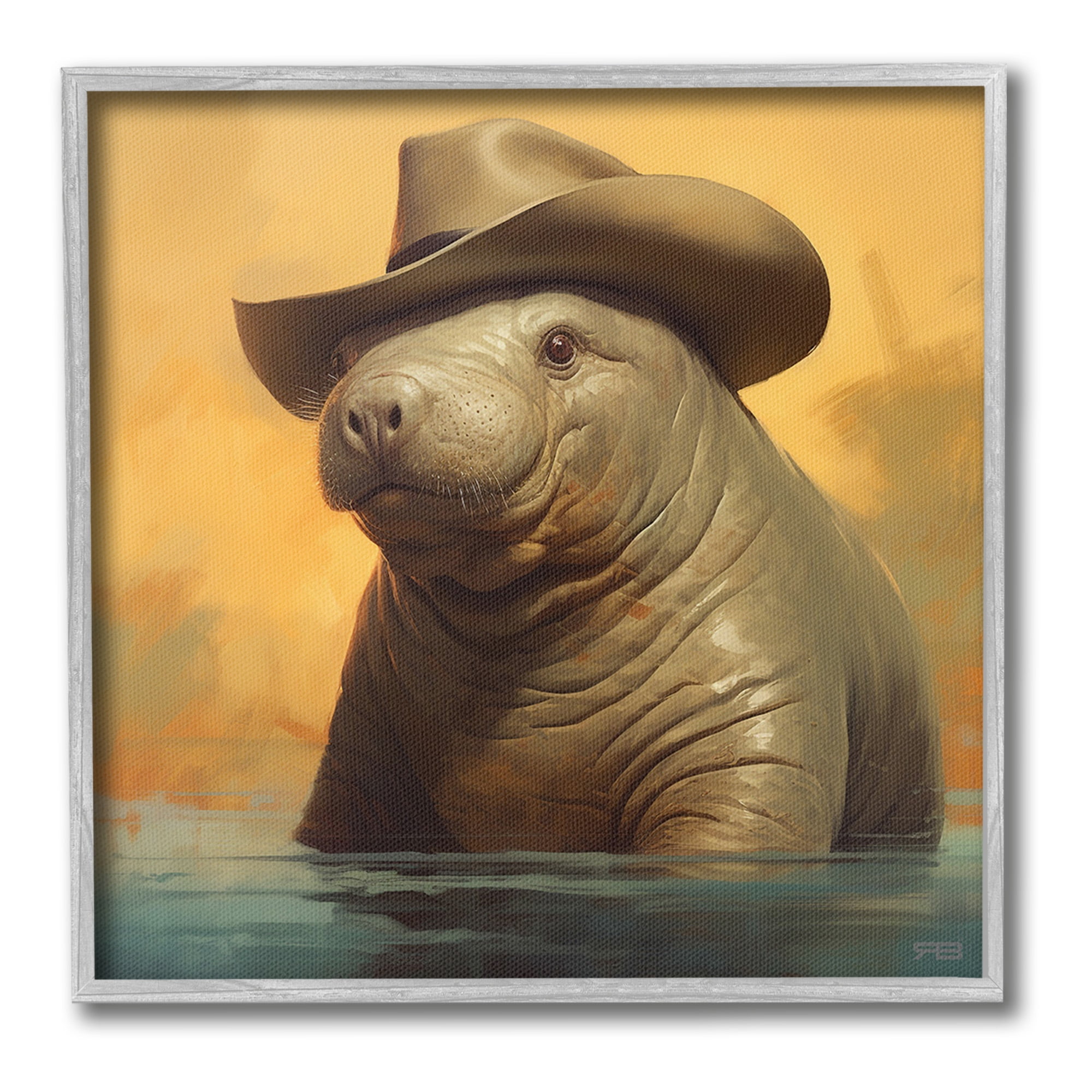 Stupell Industries Swimming Manatee with Hat Animals & Insects Painting Gray Framed Art Print Wall Art, 12 x 12