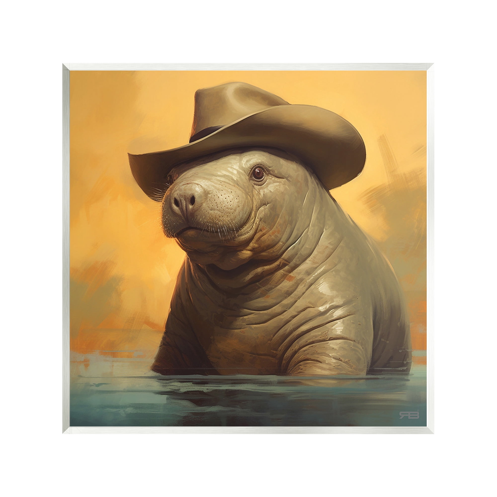 Stupell Industries Swimming Manatee with Hat Animals & Insects Painting Unframed Art Print Wall Art, 12 x 12