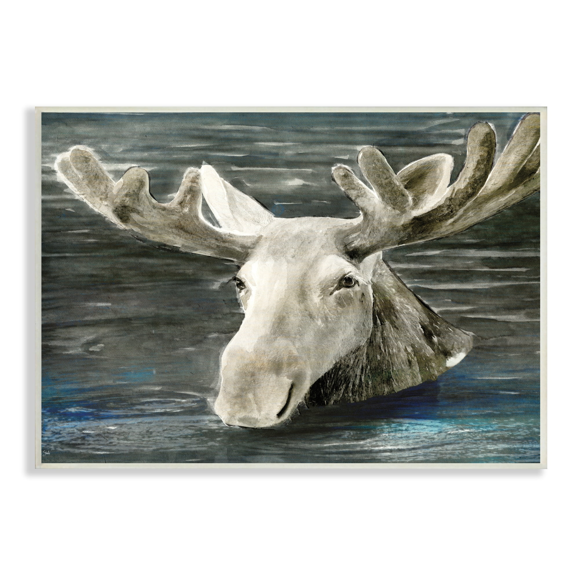 Stupell Industries Swimming Moose Rustic Forest Animal Portrait Lake Water, 15 x 10, Design by Stellar Design Studio