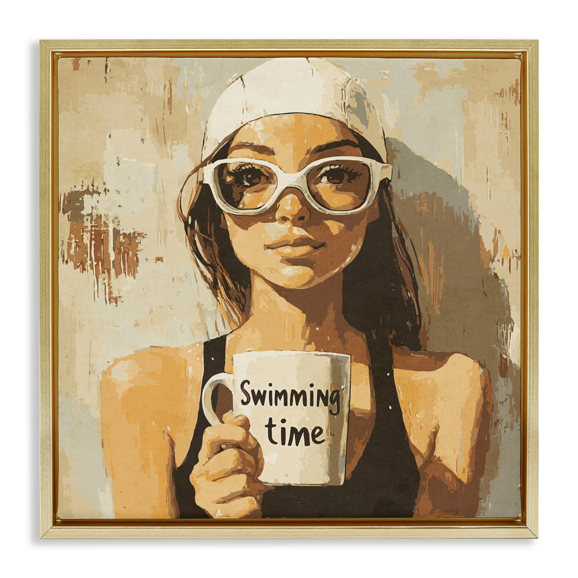 Stupell Industries Swimming Mug Girl Gold Framed Floater Canvas Wall Art, design by Layla Oz