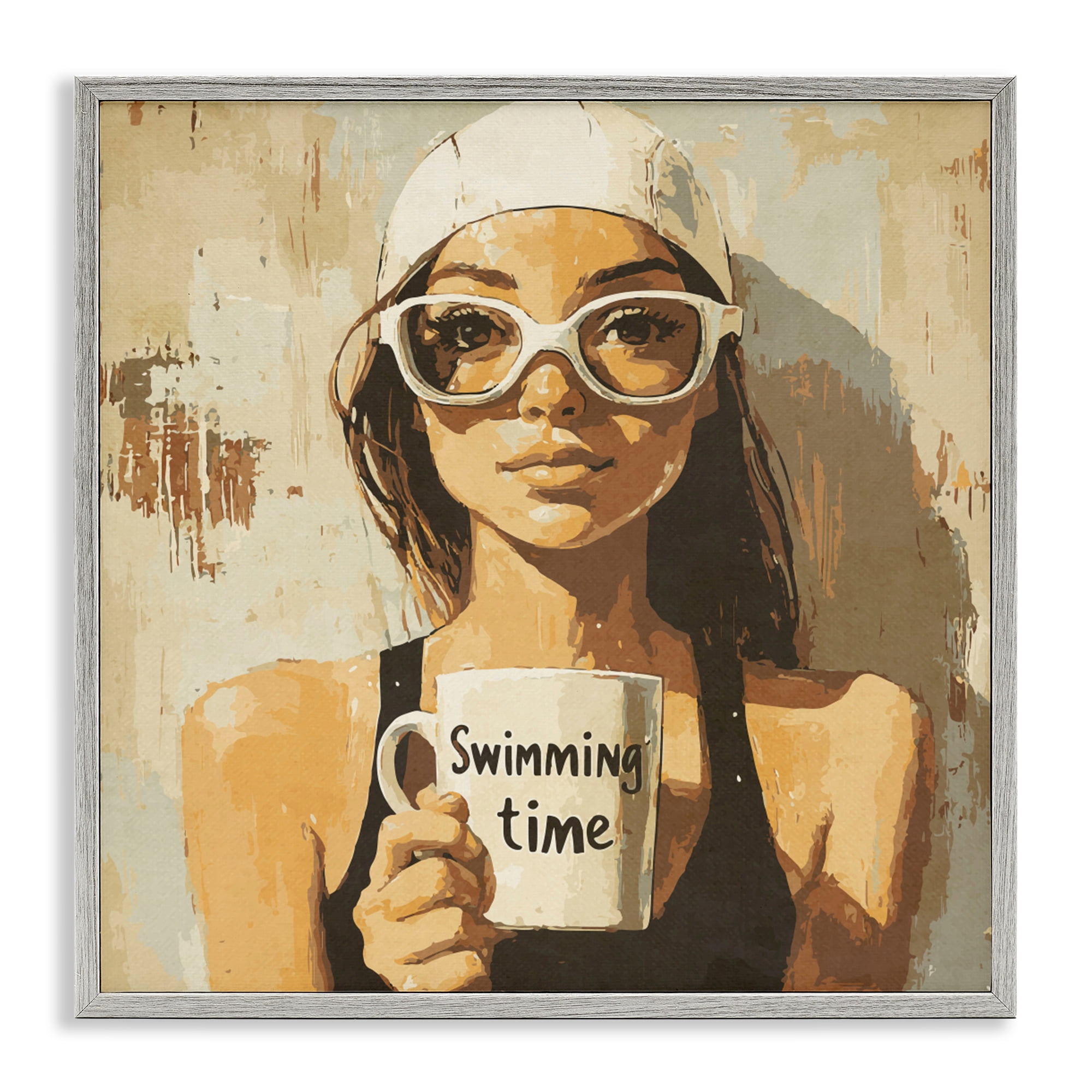 Stupell Industries Swimming Mug Girl Gray Framed Giclee Art, design by Layla Oz