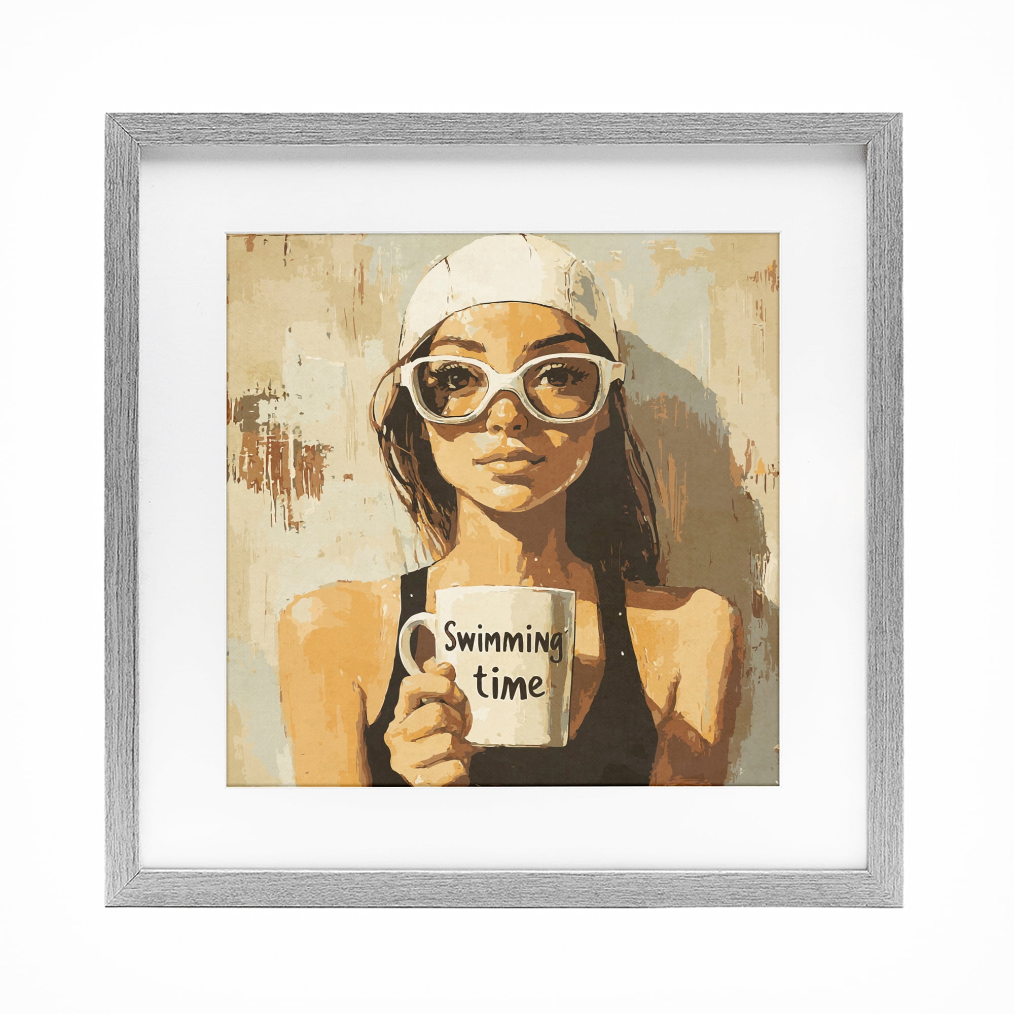 Stupell Industries Swimming Mug Girl Gray Framed Print Under Glass, design by Layla Oz
