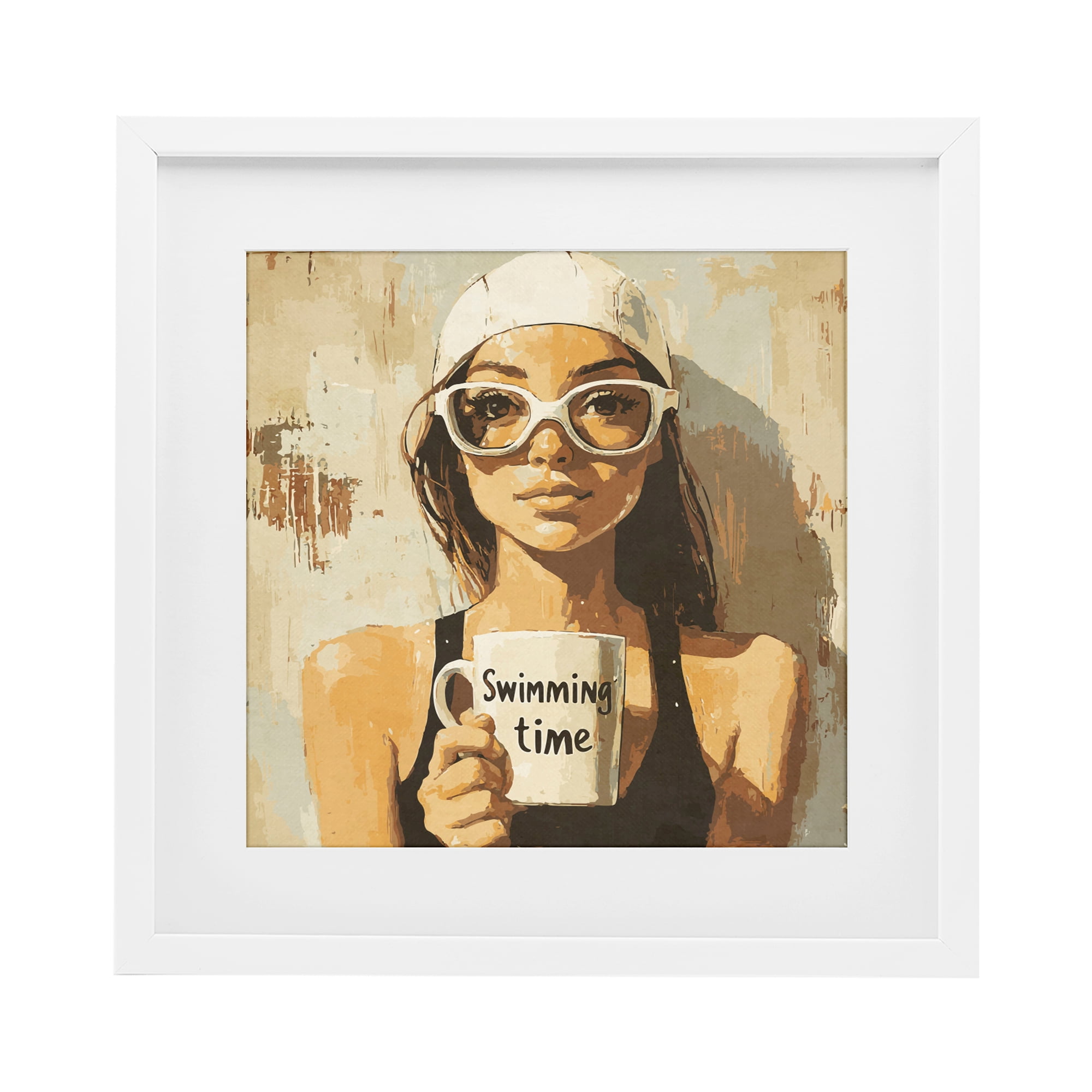Stupell Industries Swimming Mug Girl White Framed Print Under Glass, design by Layla Oz