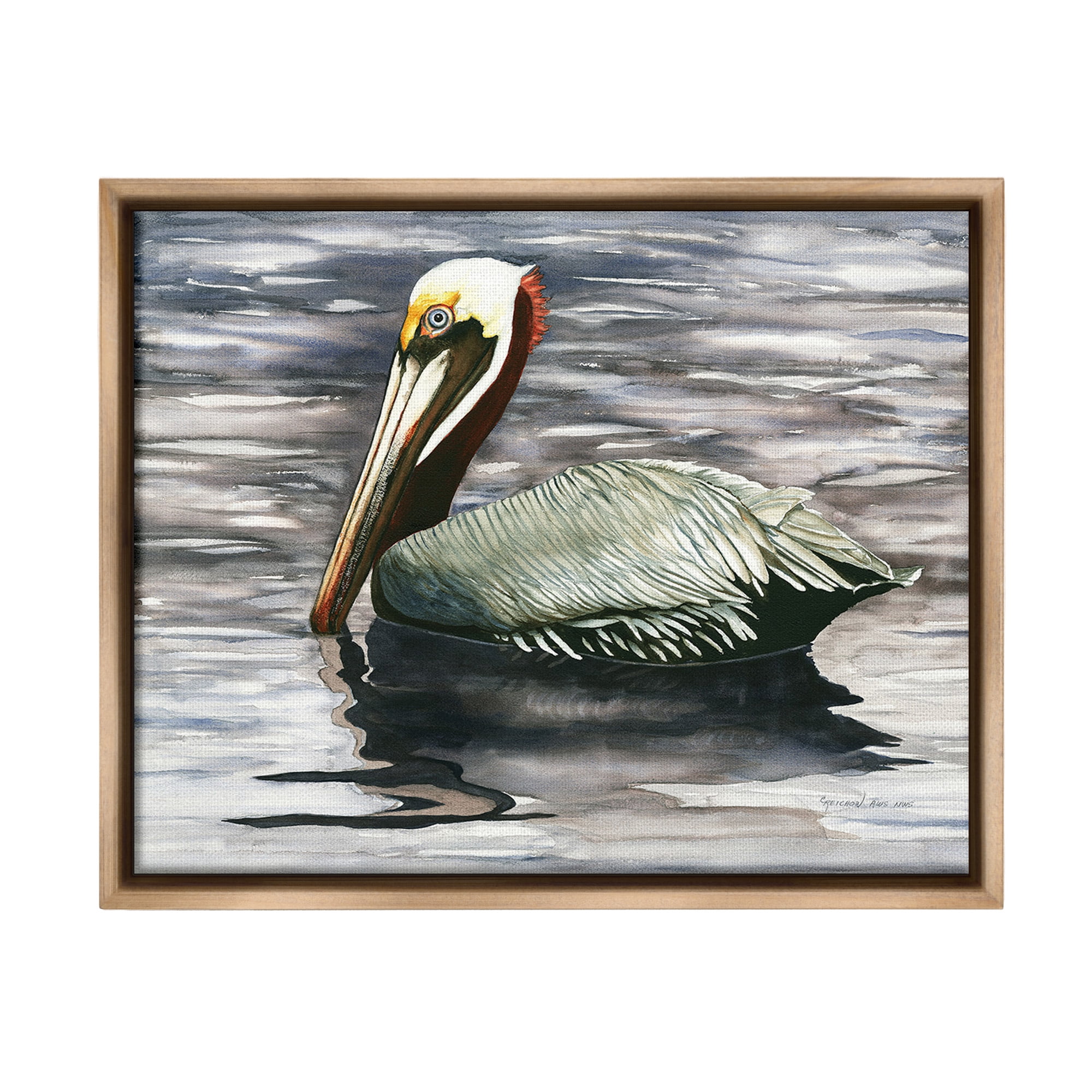 Stupell Industries Swimming Nautical Pelican Animals & Insects Painting Brown Floater Framed Canvas Art Print Wall Art, 21 x 17