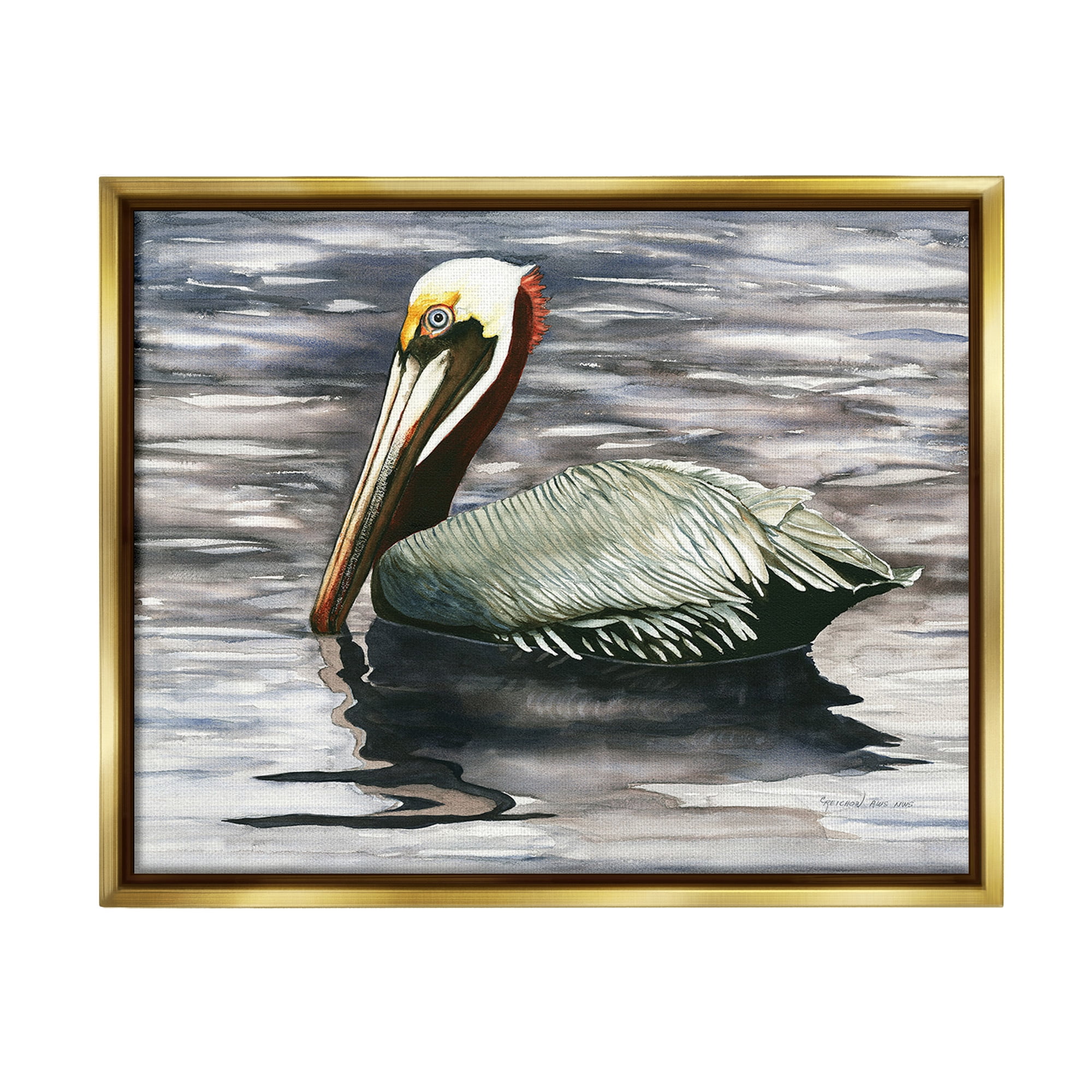 Stupell Industries Swimming Nautical Pelican Animals & Insects Painting Gold Floater Framed Canvas Art Print Wall Art, 21 x 17
