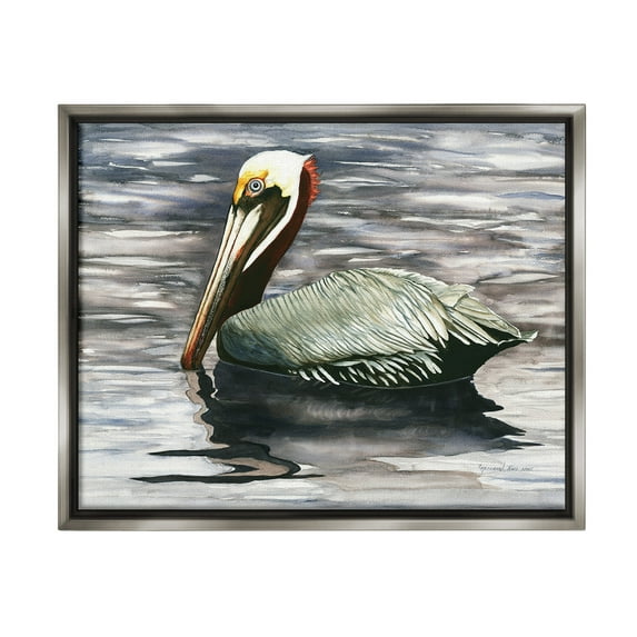 Stupell Industries Swimming Nautical Pelican Animals & Insects Painting Gray Floater Framed Canvas Art Print Wall Art, 21 x 17