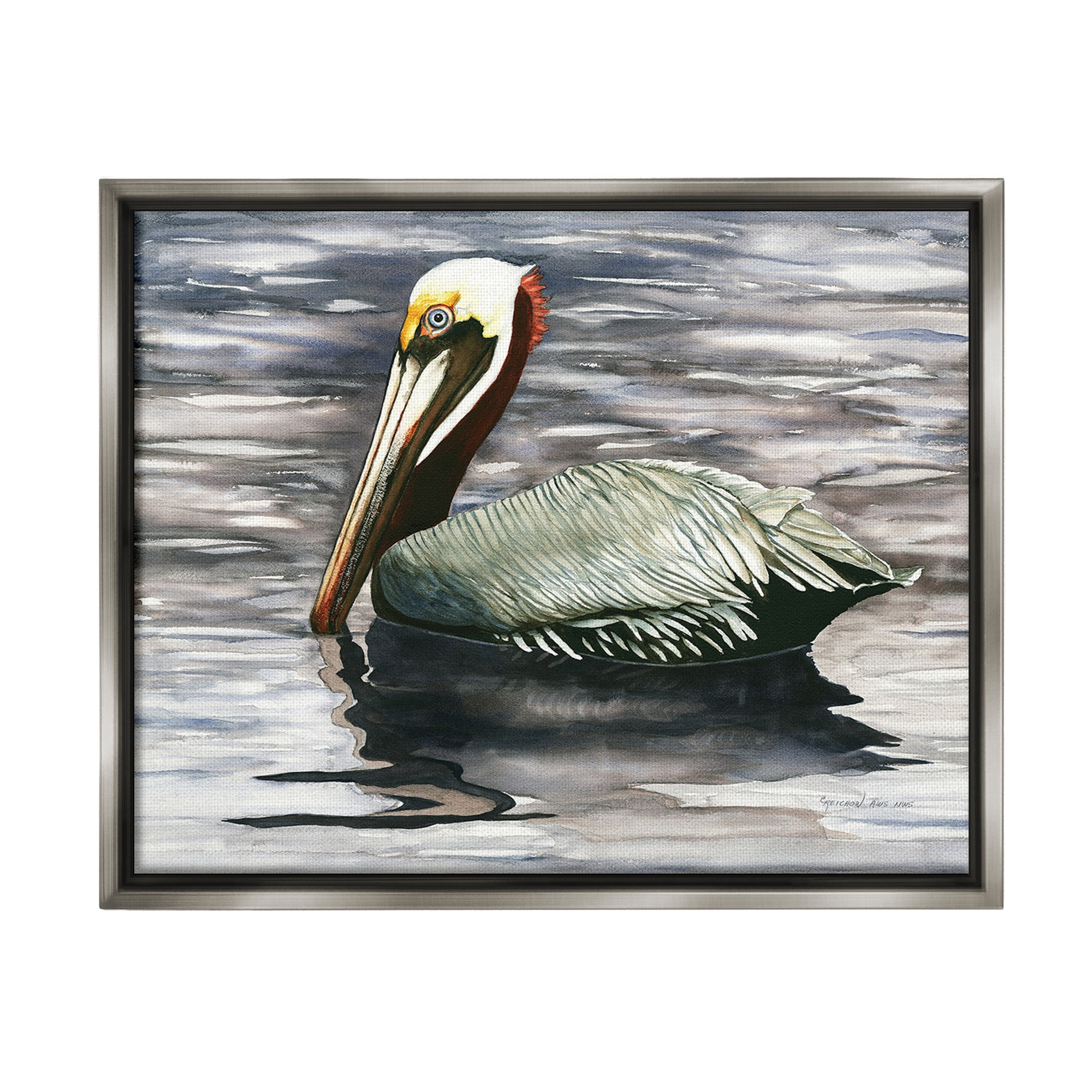 Stupell Industries Swimming Nautical Pelican Animals & Insects Painting Gray Floater Framed Canvas Art Print Wall Art, 31 x 25